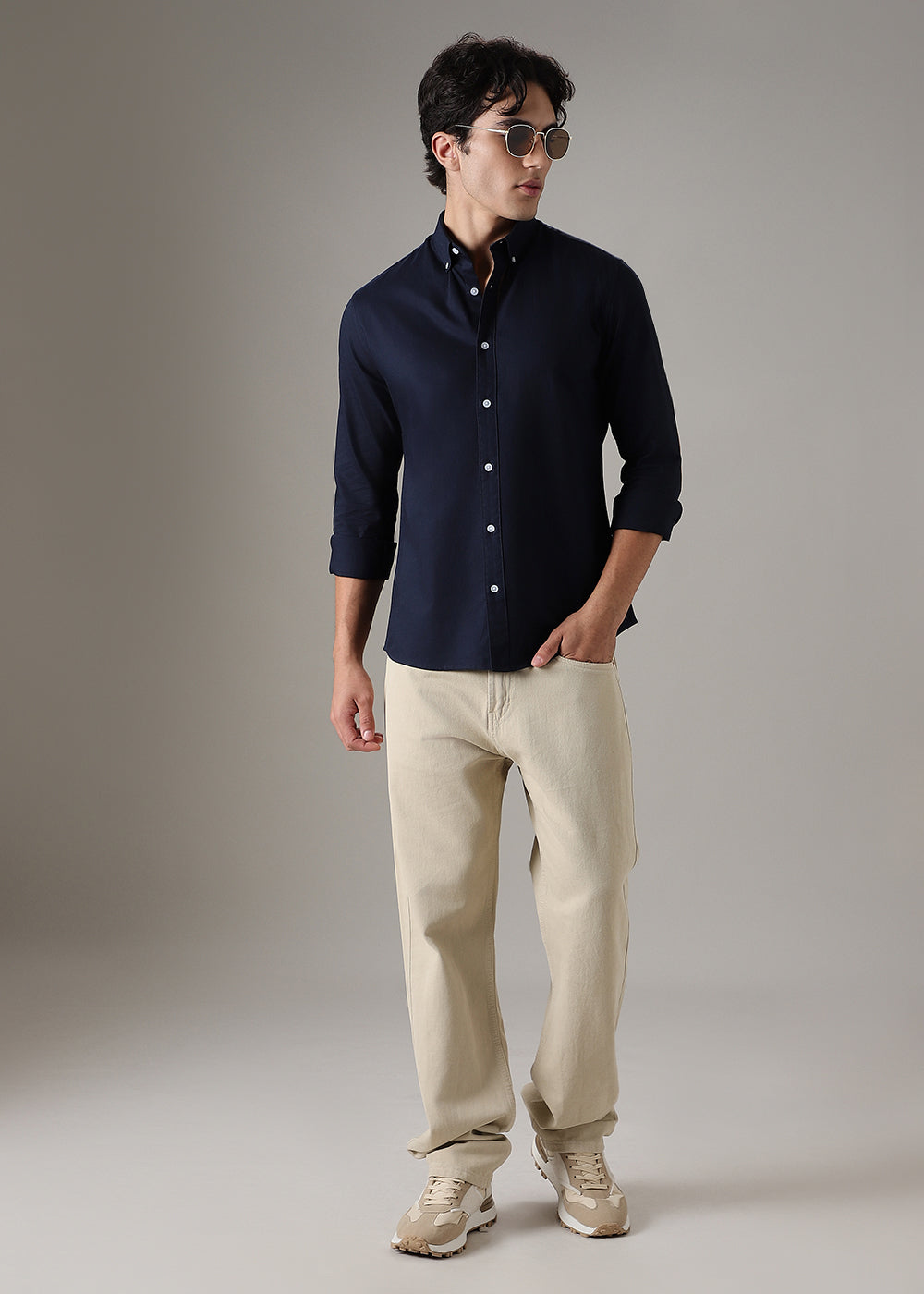 Navy Blue Elbow Patch Oxford Shirt