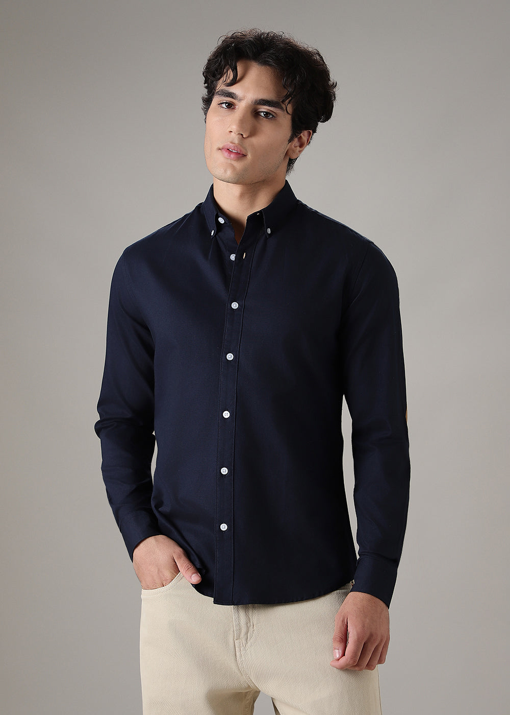 Navy Blue Elbow Patch Oxford Shirt