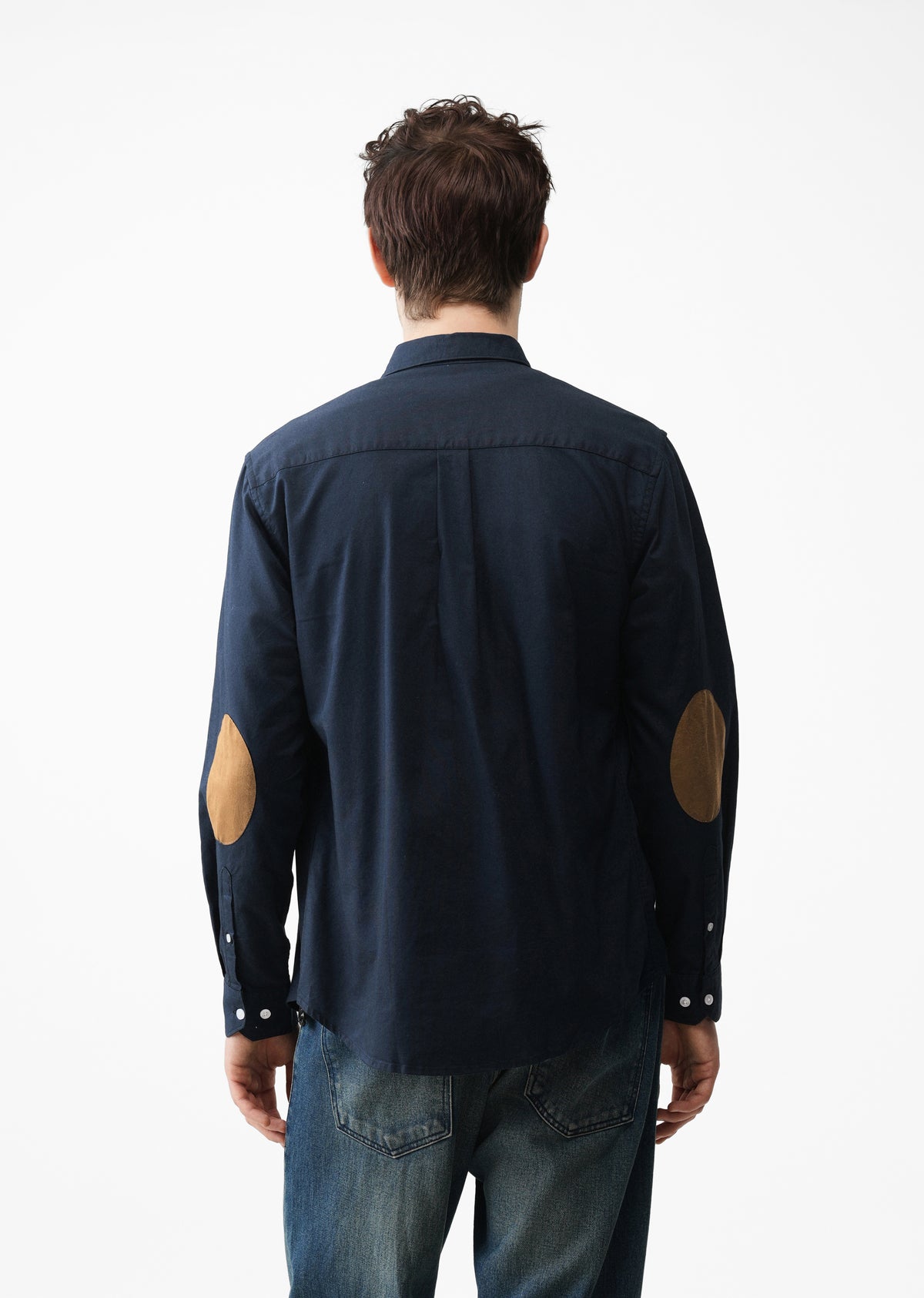 Navy Blue Plain Oxford Elbow Patch Shirt