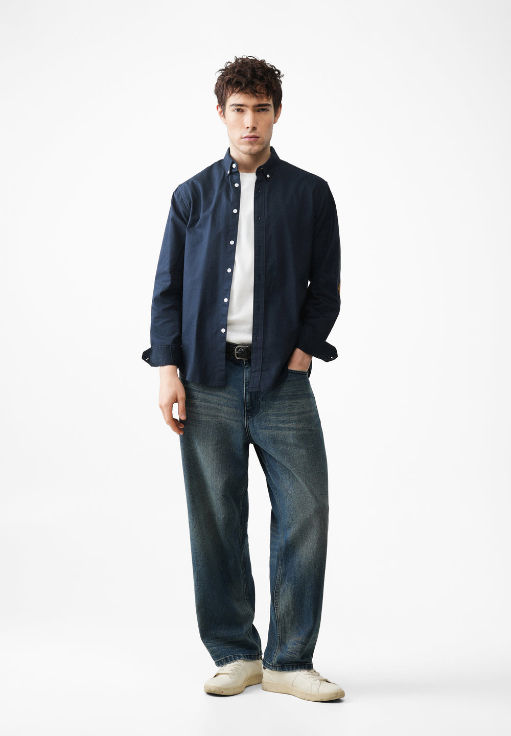 Navy Blue Plain Oxford Elbow Patch Shirt