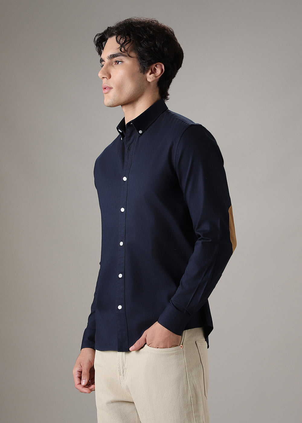 Navy Blue Elbow Patch Oxford Shirt