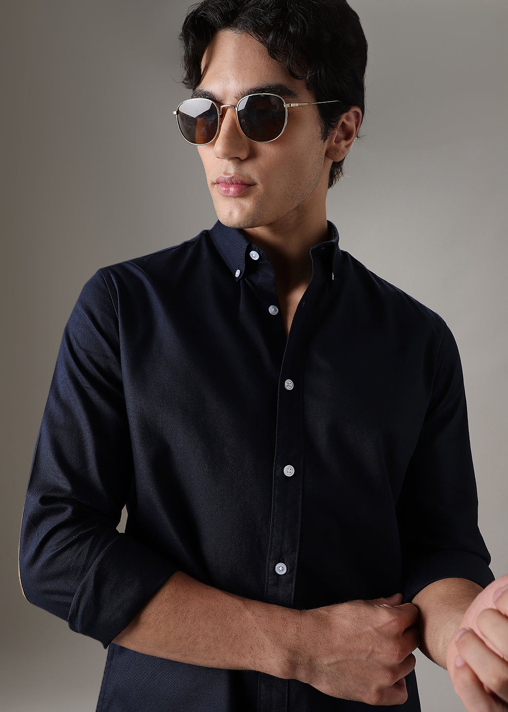 Navy Blue Elbow Patch Oxford Shirt