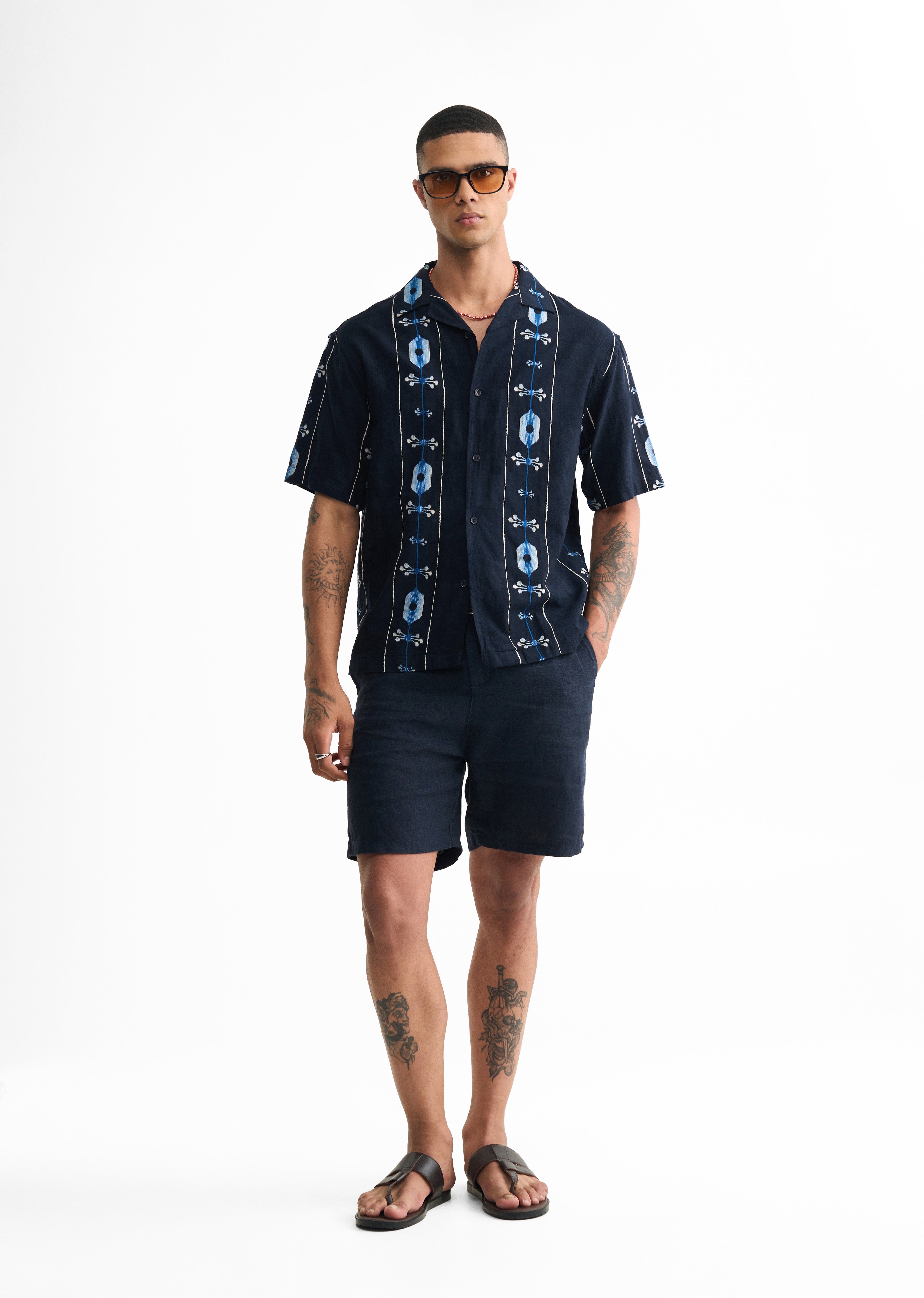 Navy Blue Cotton Jacquard Shirt