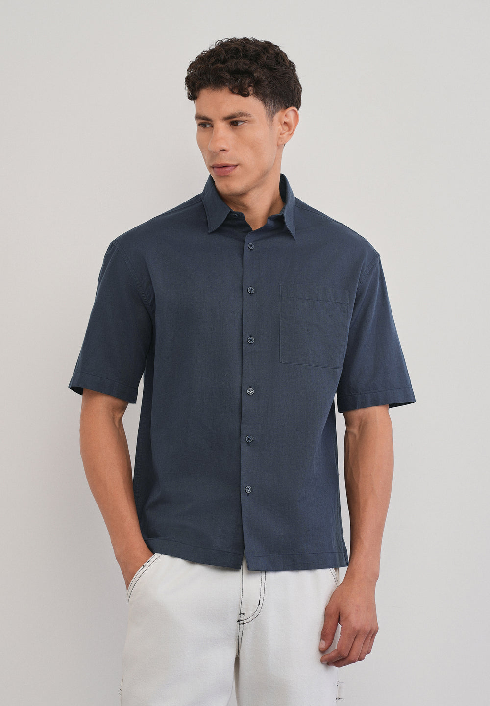 Navy Blue Cotton Linen Half Sleeve Shirt