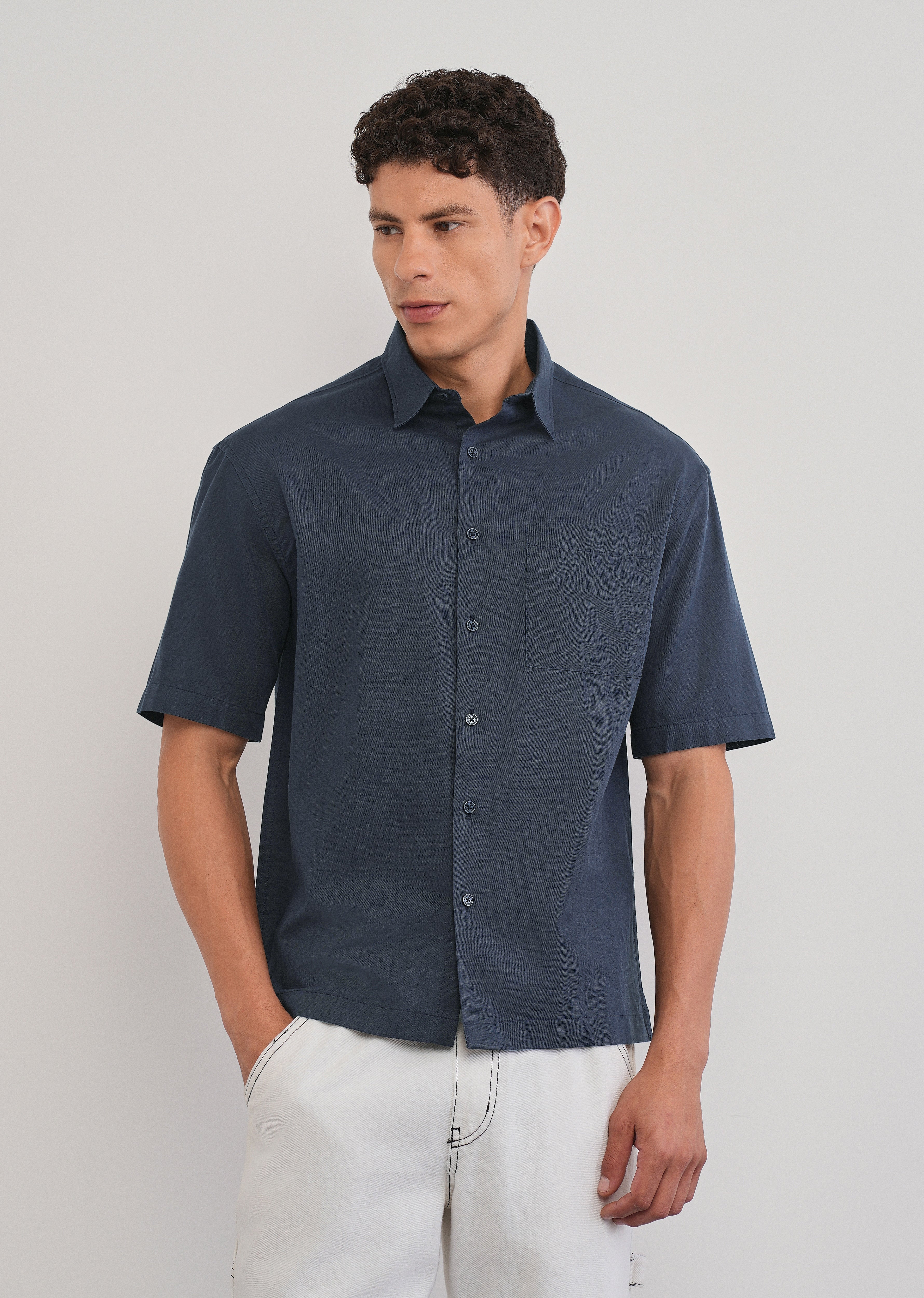 Navy Blue Cotton Linen Half Sleeve Shirt