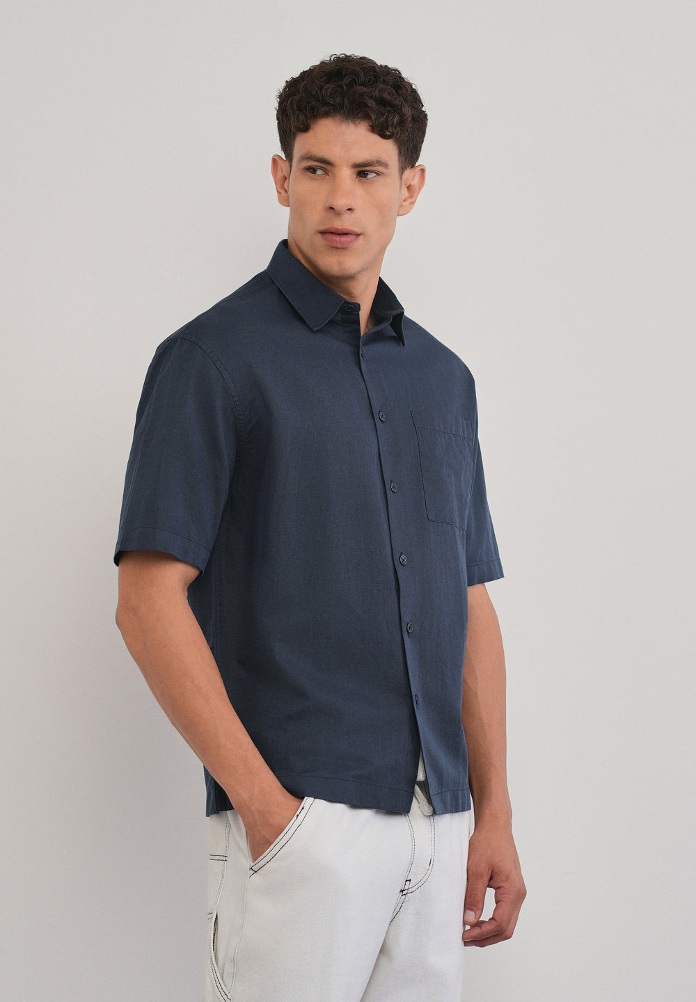 Navy Blue Cotton Linen Half Sleeve Shirt