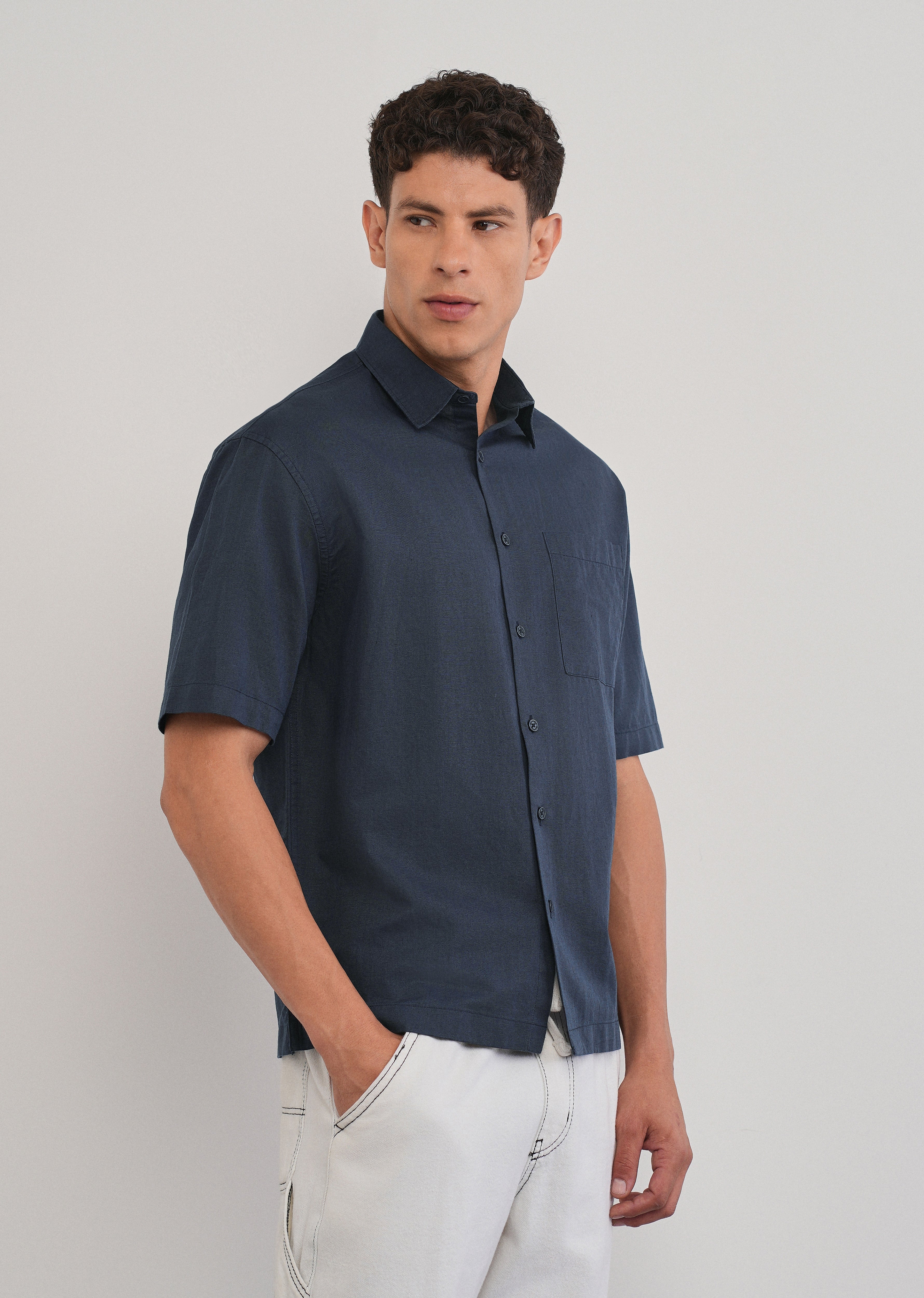 Navy Blue Cotton Linen Half Sleeve Shirt