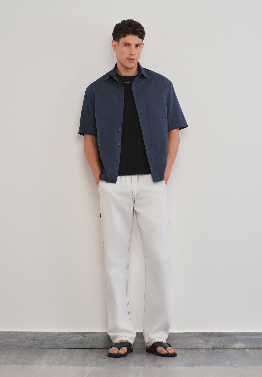 Navy Blue Cotton Linen Half Sleeve Shirt