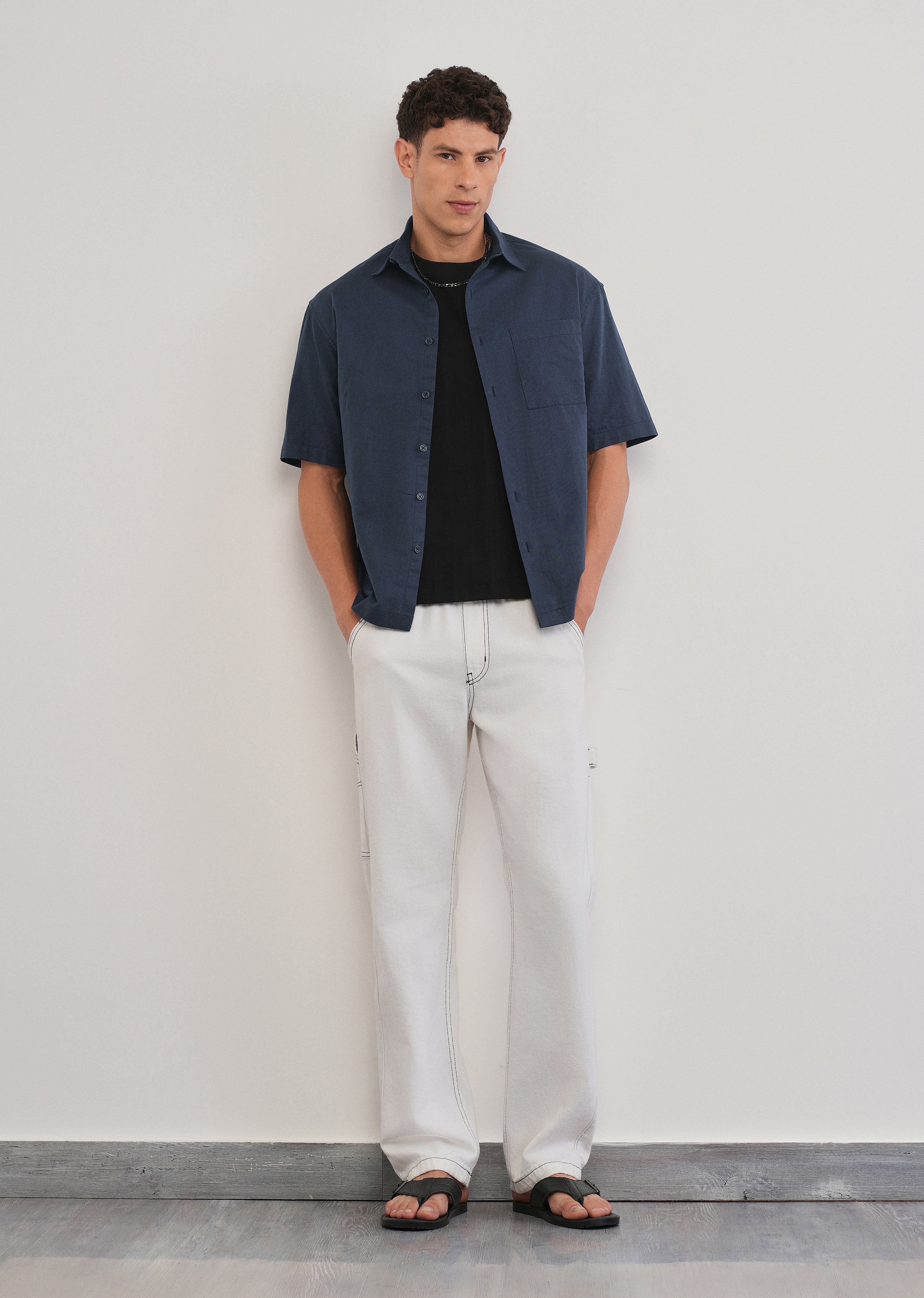 Navy Blue Cotton Linen Half Sleeve Shirt