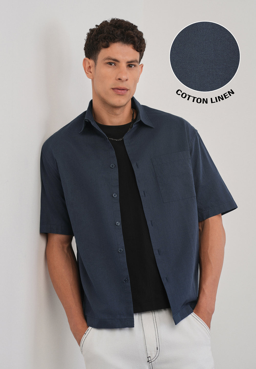 Navy Blue Cotton Linen Half Sleeve Shirt