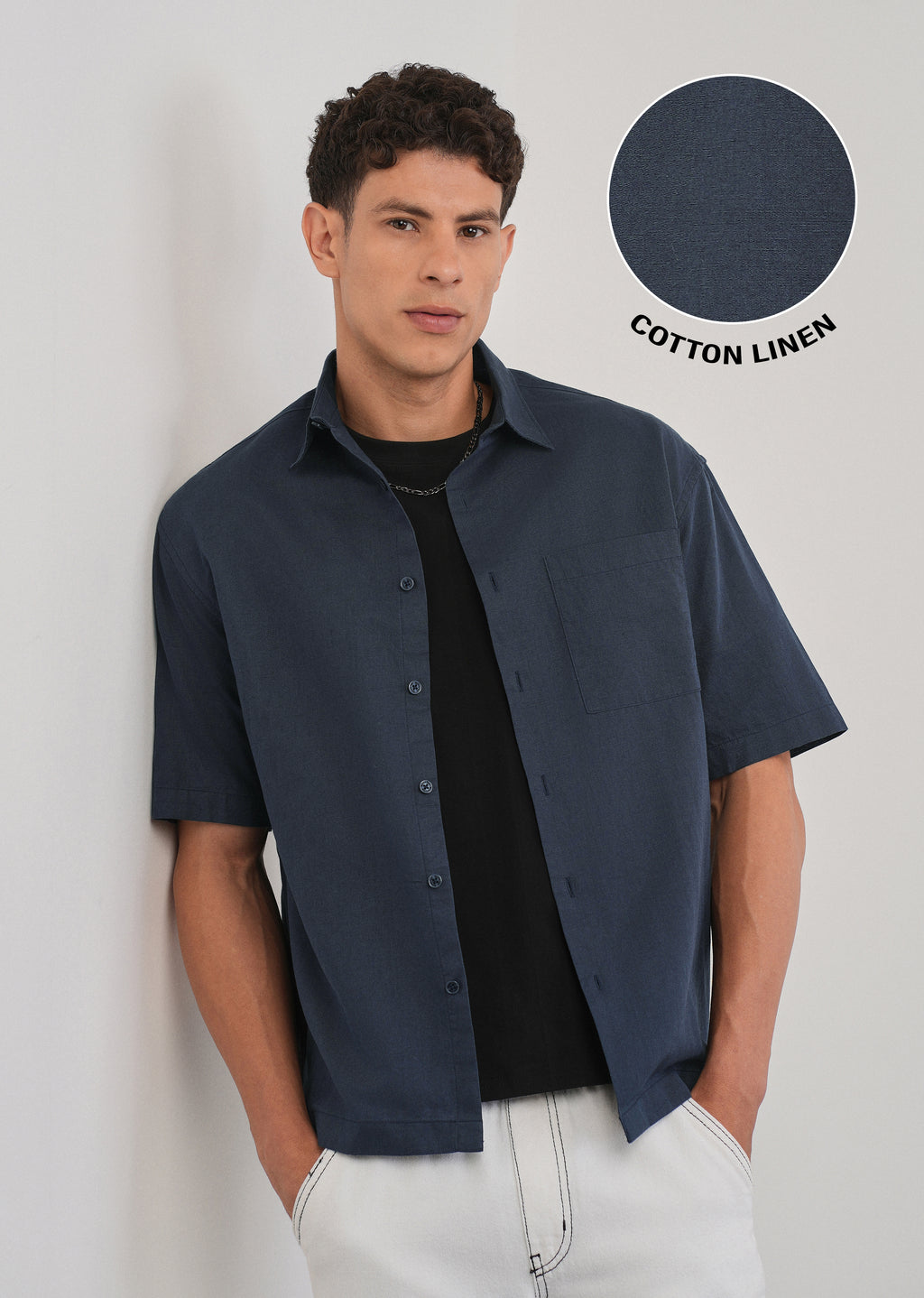Navy Blue Cotton Linen Half Sleeve Shirt