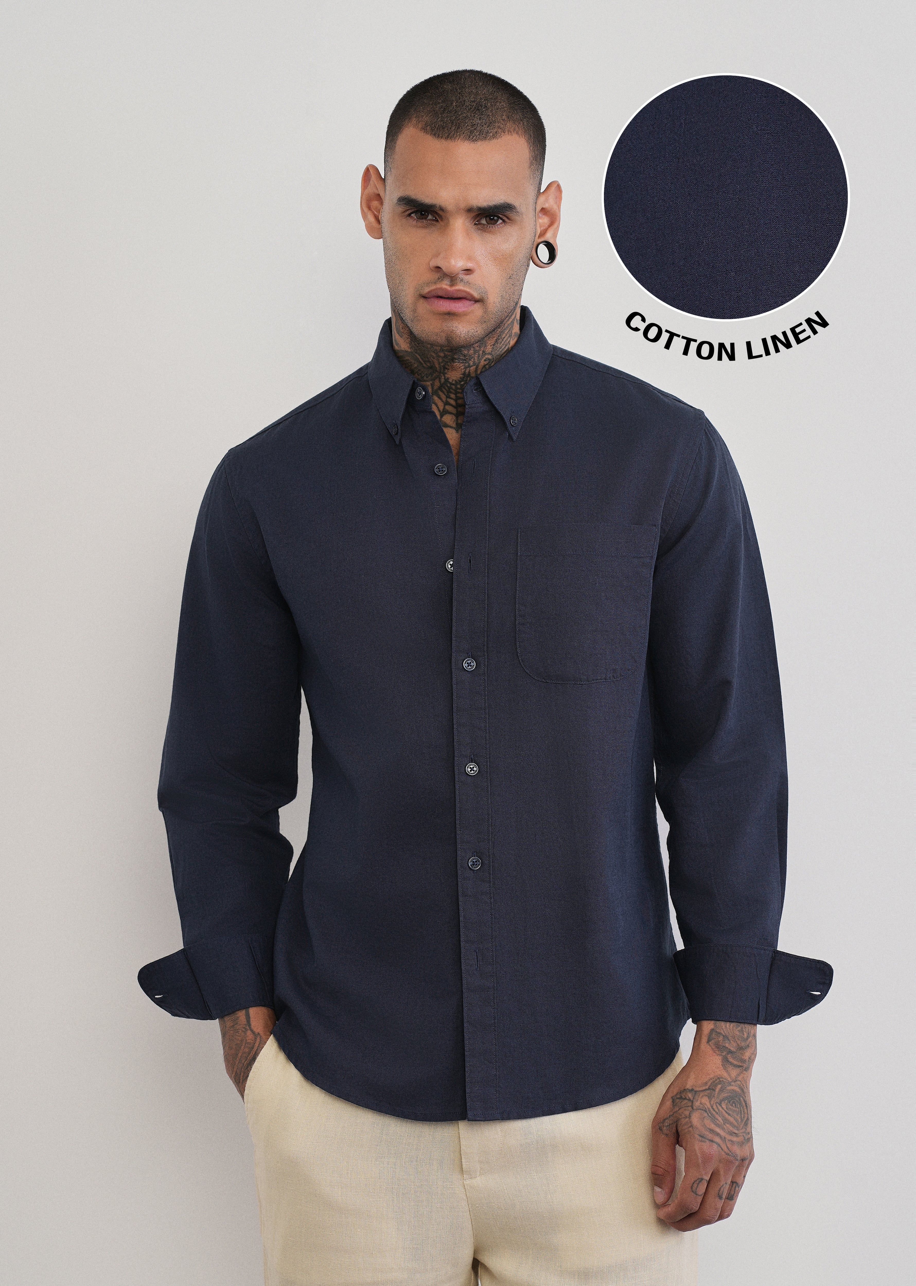 Navy Blue Cotton Linen Plain Shirt