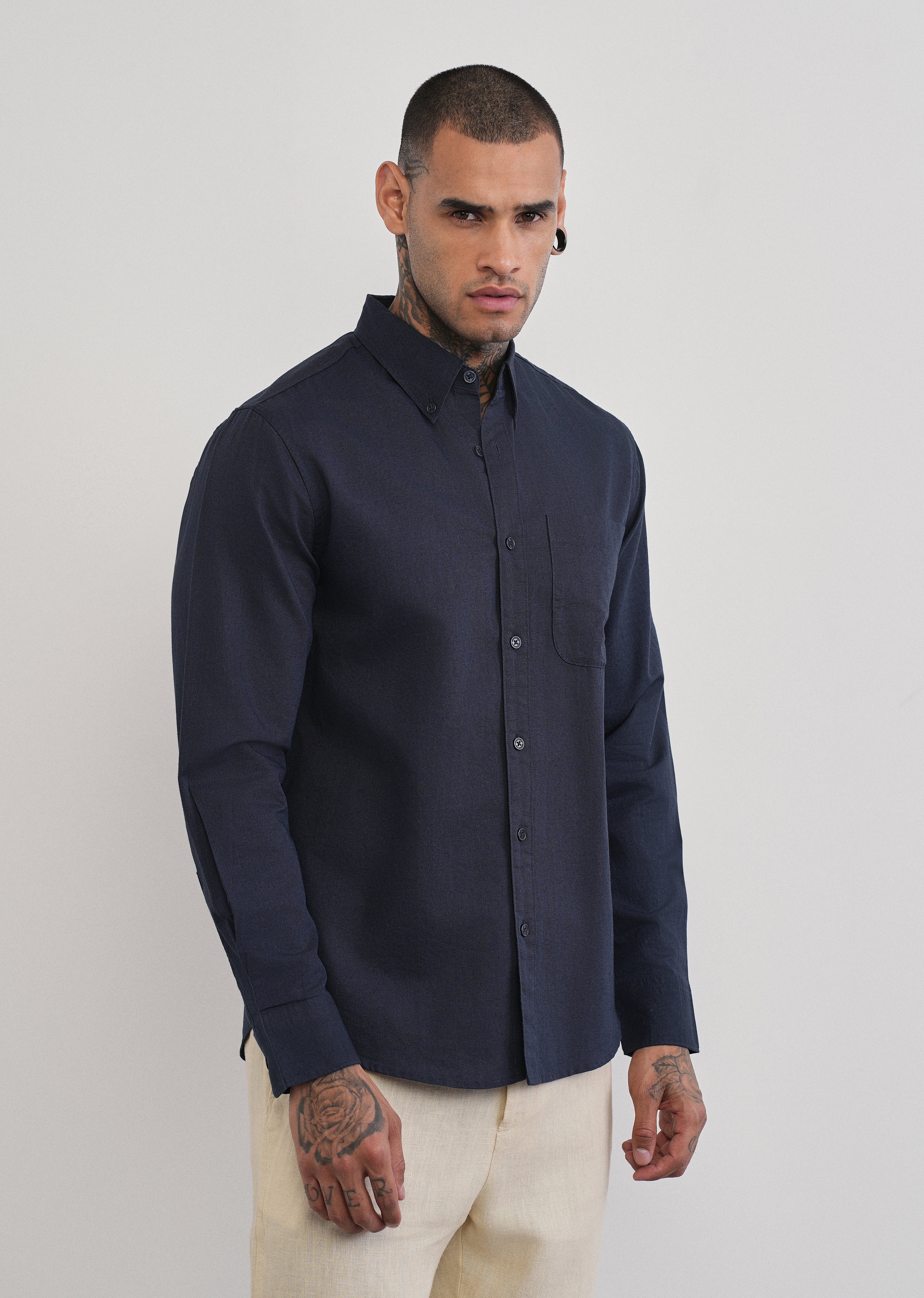 Navy Blue Cotton Linen Plain Shirt