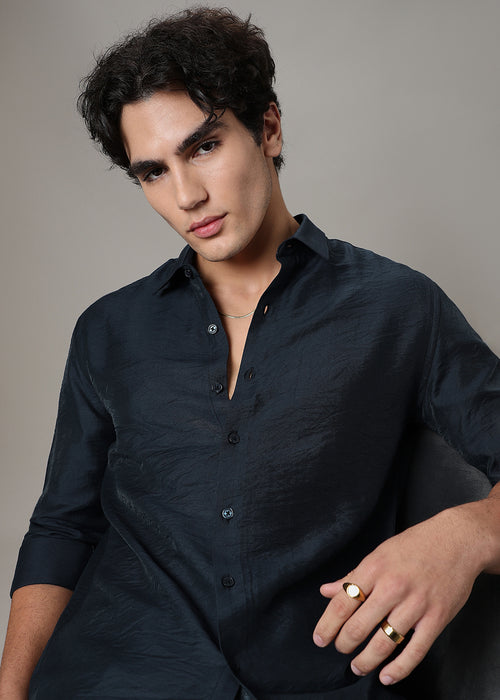 Navy Blue Crushed Satin Shirt