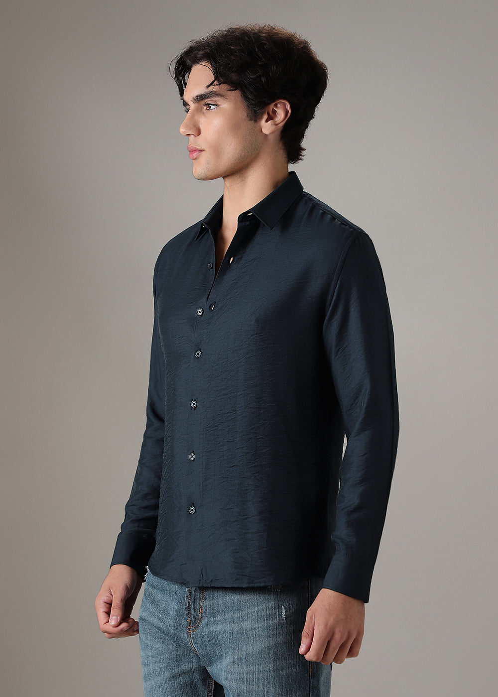 Navy Blue Crushed Satin Shirt