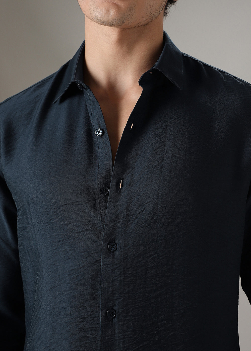 Navy Blue Crushed Satin Shirt