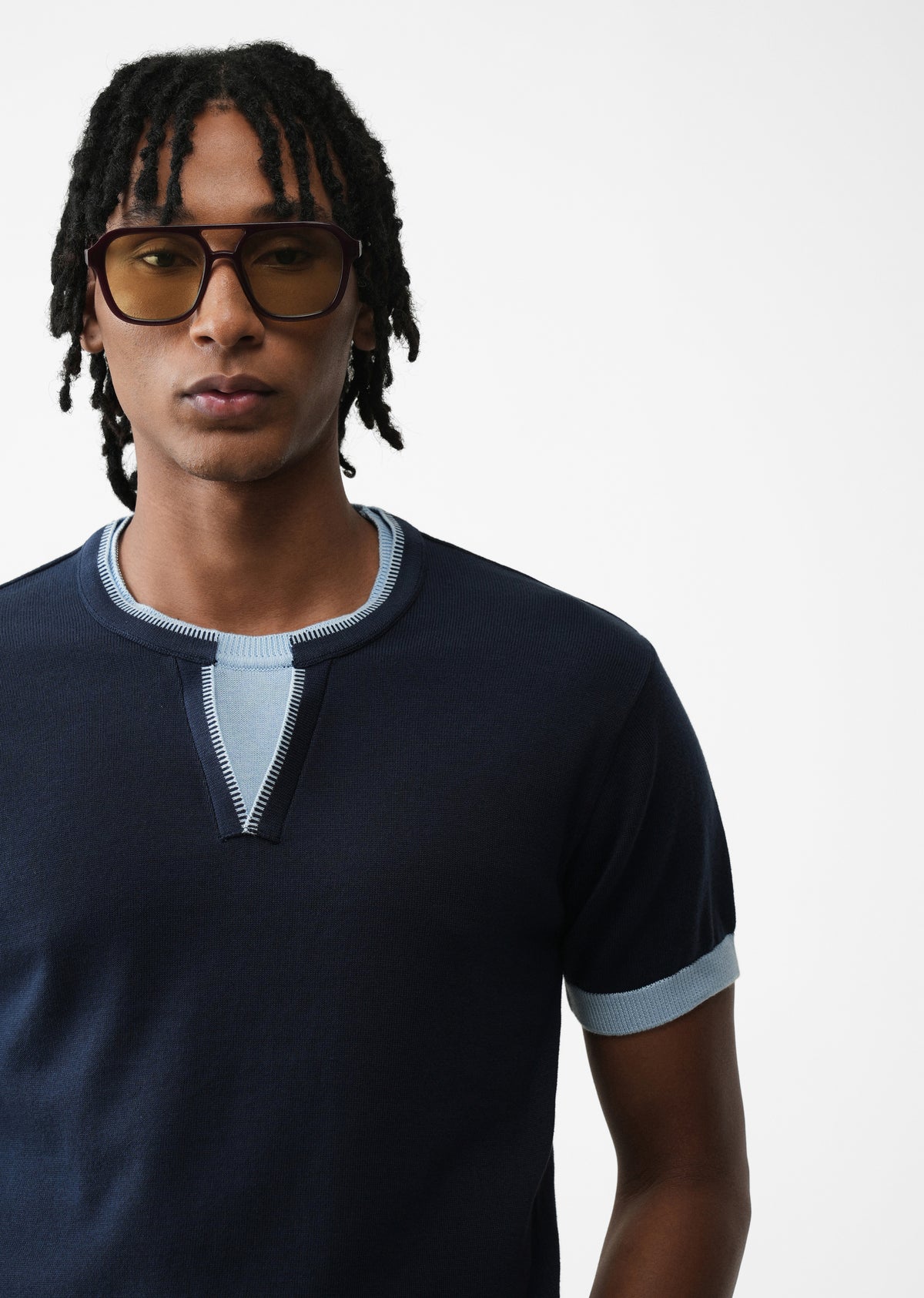 Navy Blue Double Collar Knit T-shirt
