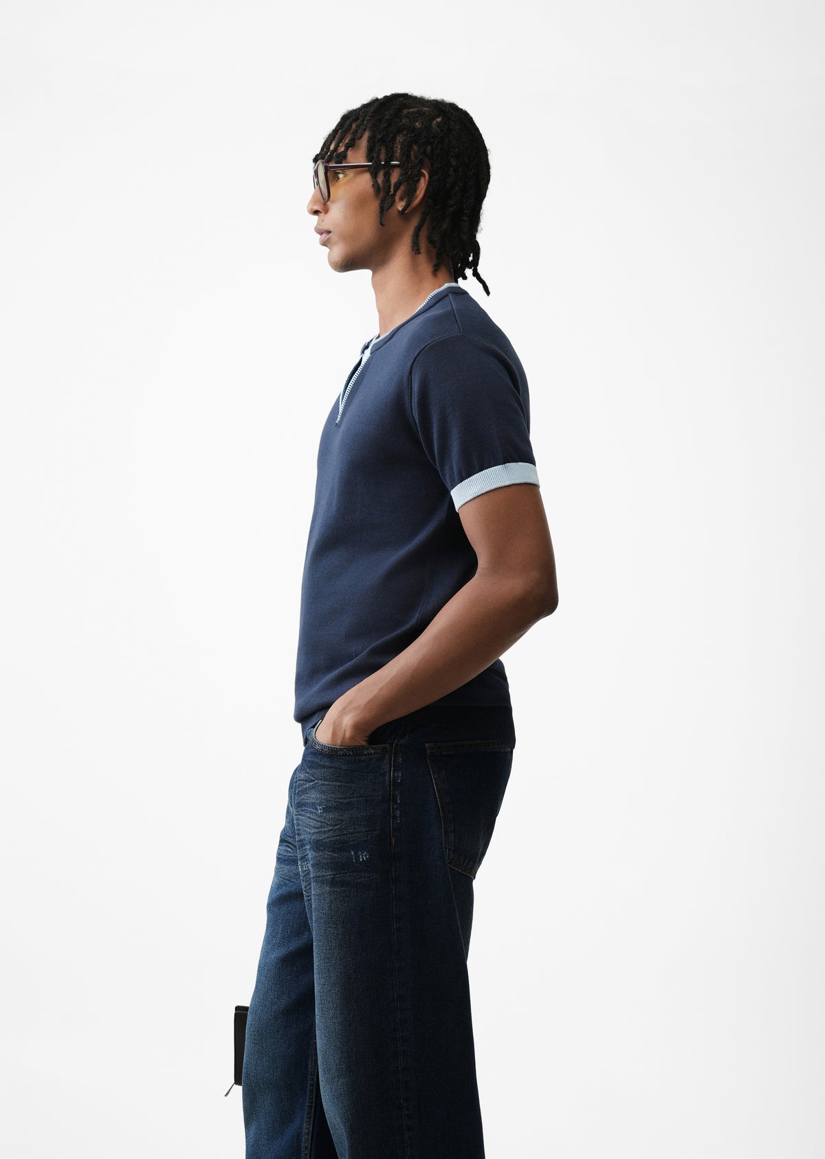 Navy Blue Double Collar Knit T-shirt