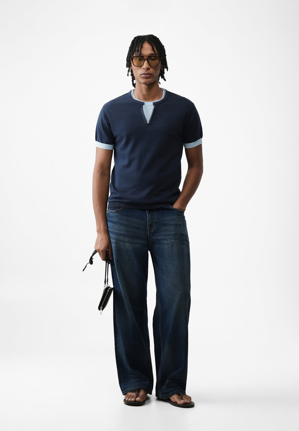 Navy Blue Double Collar Knit T-shirt