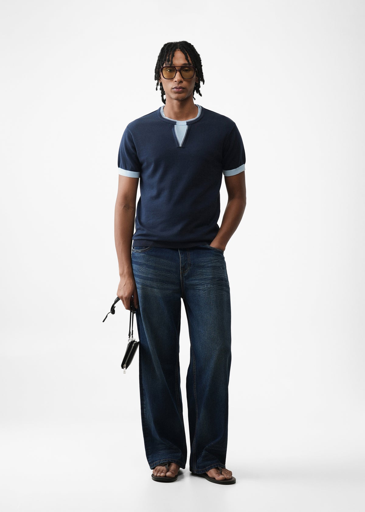 Navy Blue Double Collar Knit T-shirt