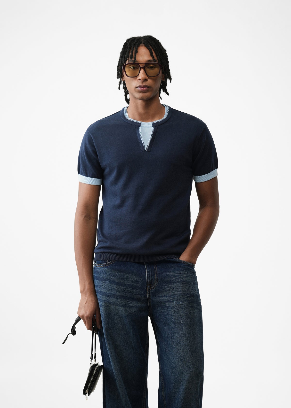 Navy Blue Double Collar Knit T-shirt