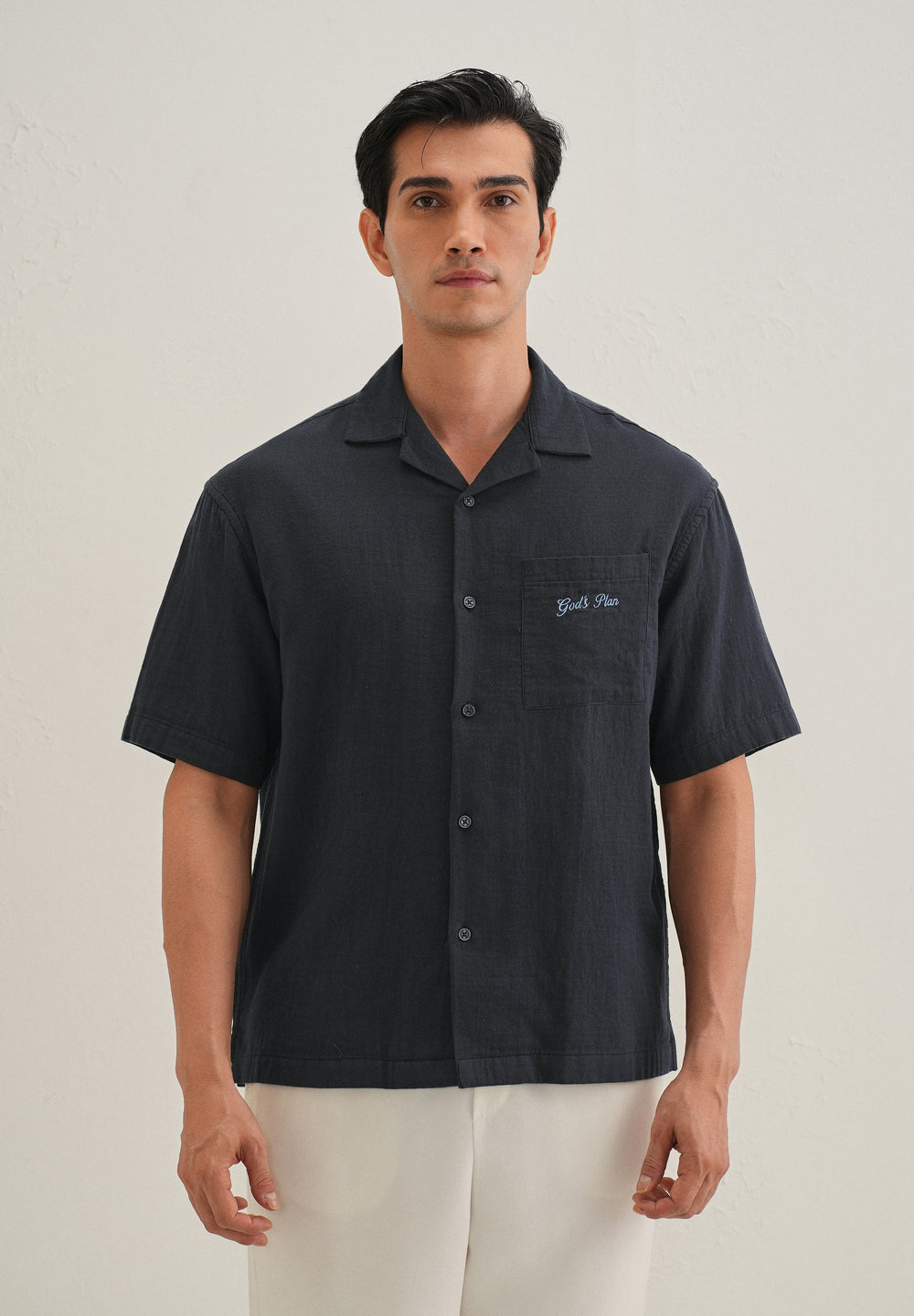 Navy Blue Embroidered Double Cloth Cotton Shirt