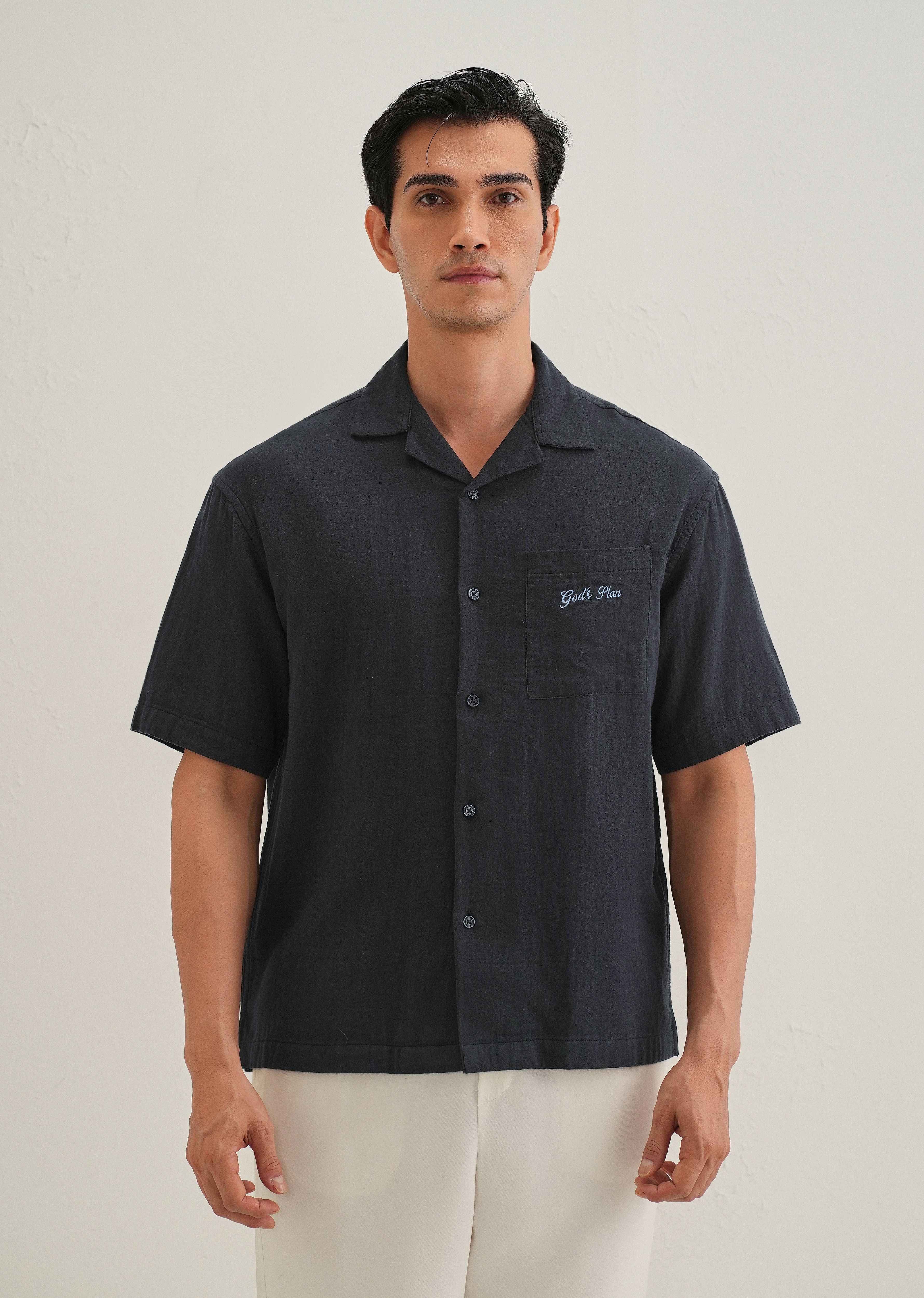 Navy Blue Embroidered Double Cloth Cotton Shirt