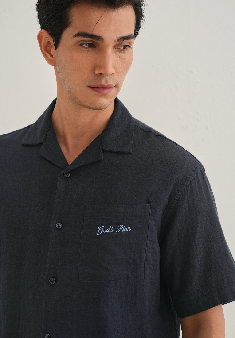 Navy Blue Embroidered Double Cloth Cotton Shirt
