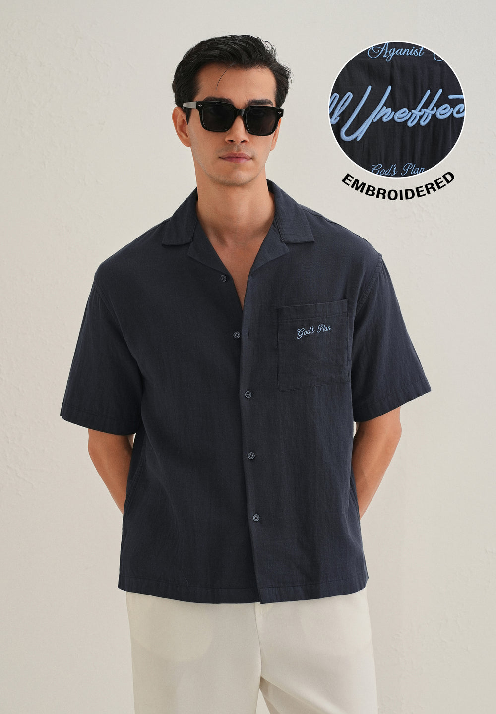 Navy Blue Embroidered Double Cloth Cotton Shirt