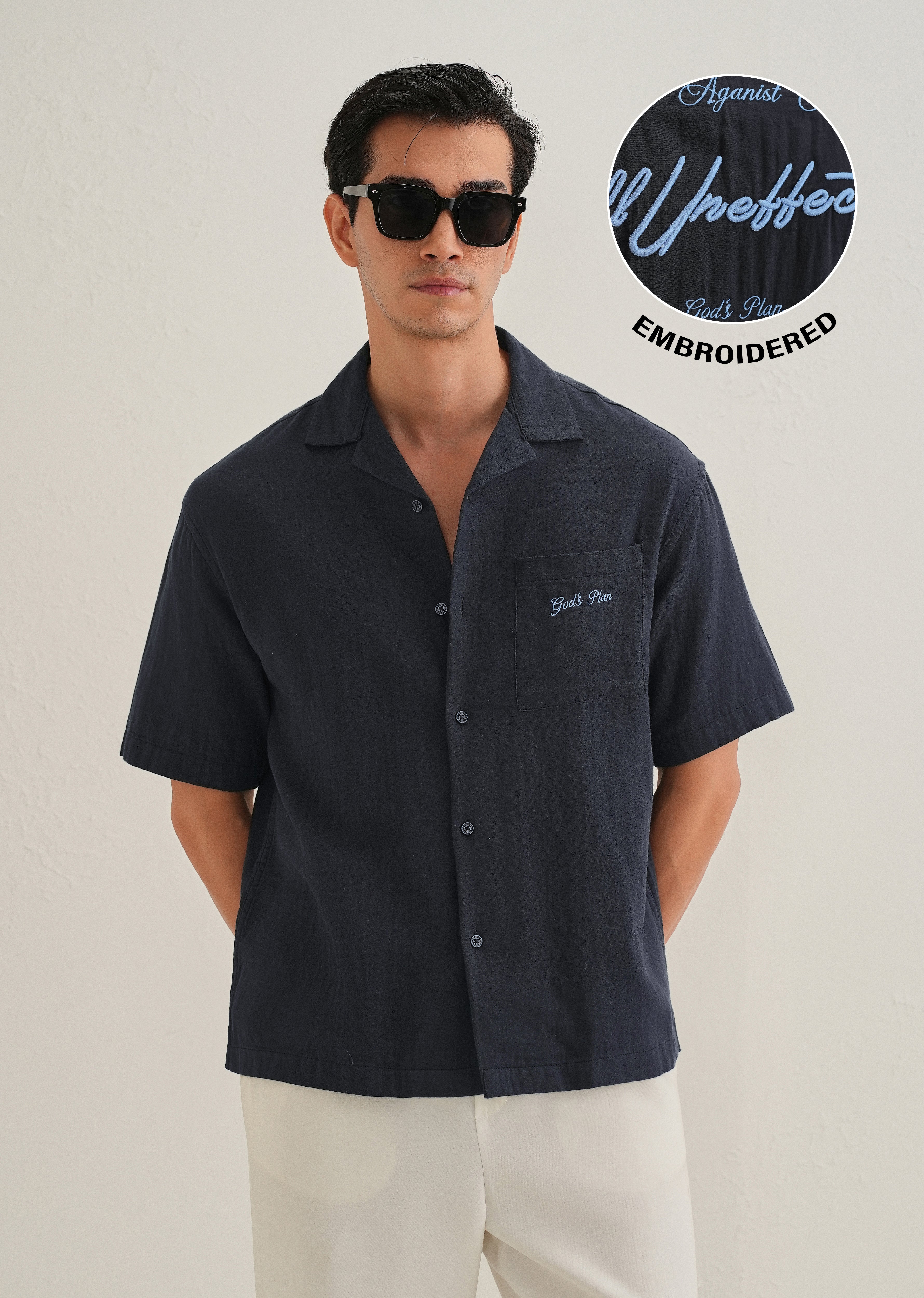 Navy Blue Embroidered Double Cloth Cotton Shirt