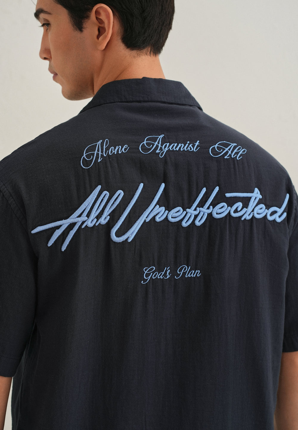 Navy Blue Embroidered Double Cloth Cotton Shirt