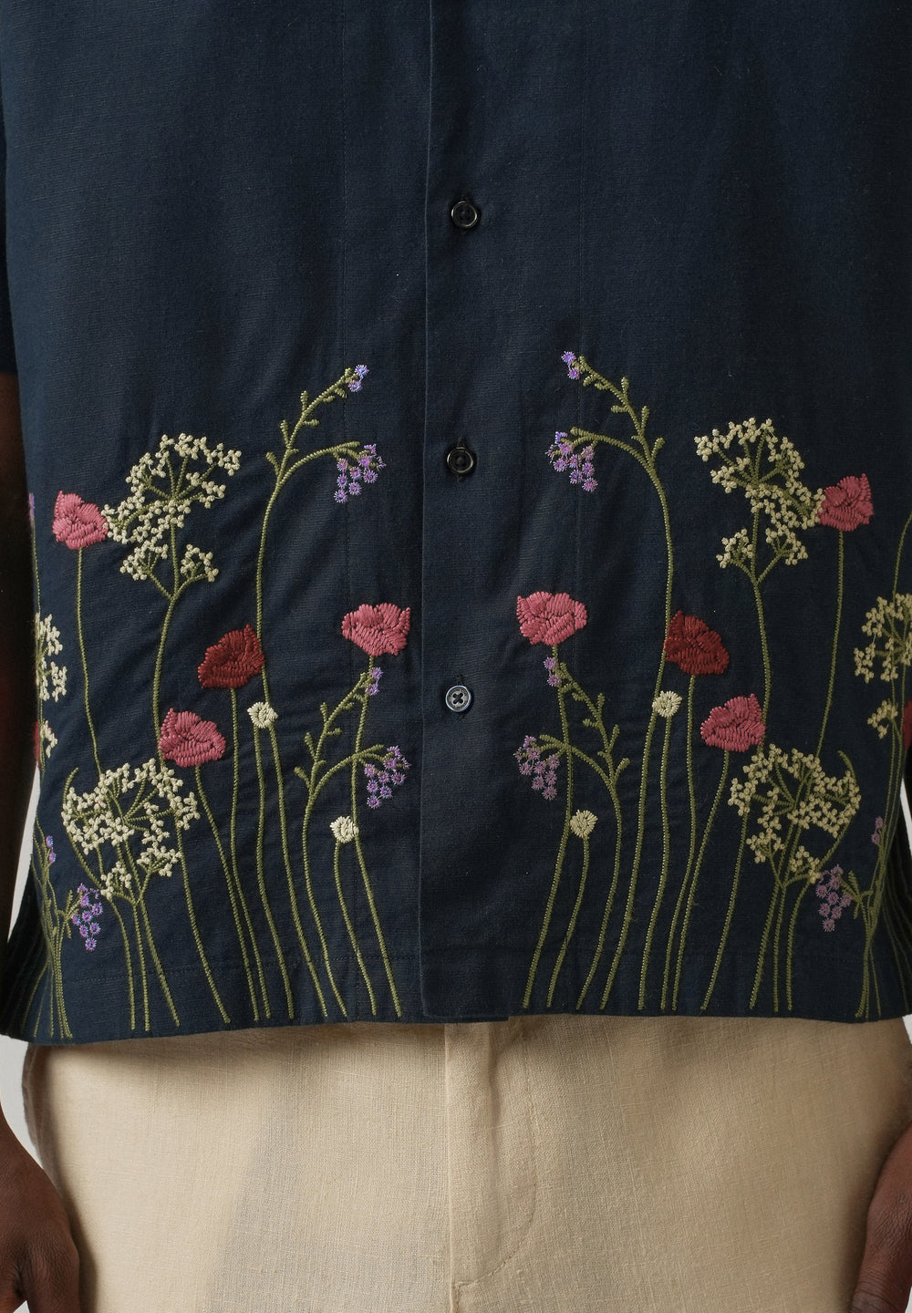 Navy Blue Floral Embroidery Linen Shirt