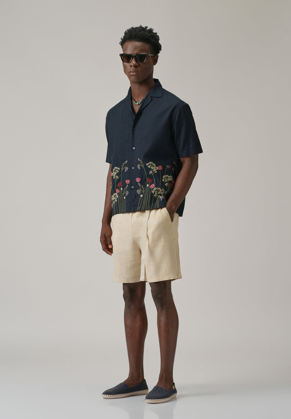 Navy Blue Floral Embroidery Linen Shirt