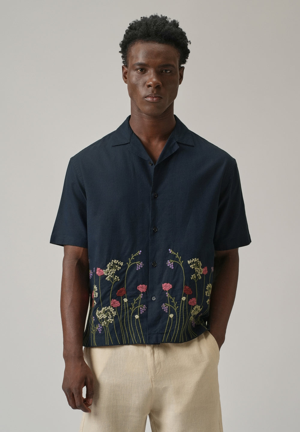 Navy Blue Floral Embroidery Linen Shirt