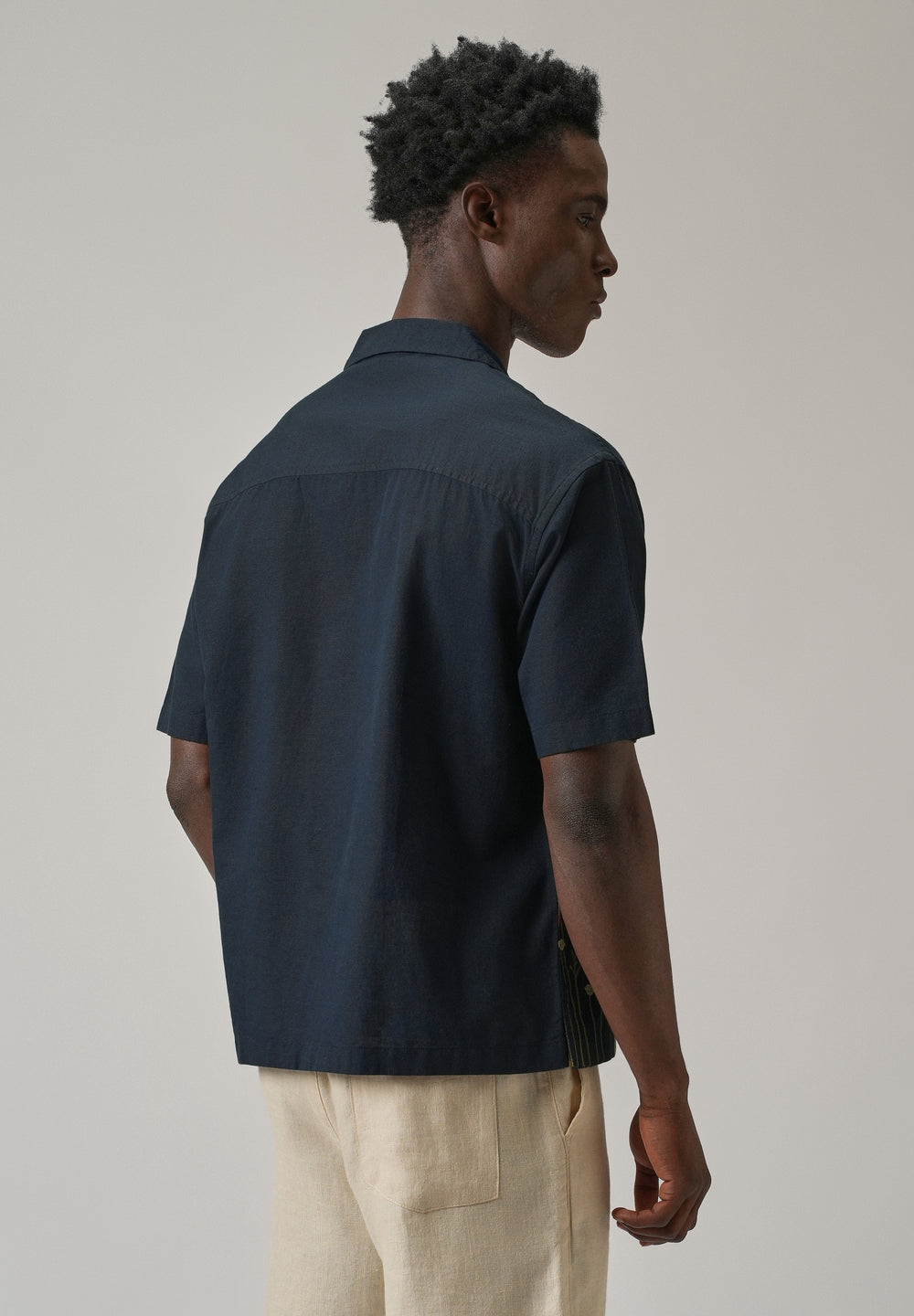 Navy Blue Floral Embroidery Linen Shirt