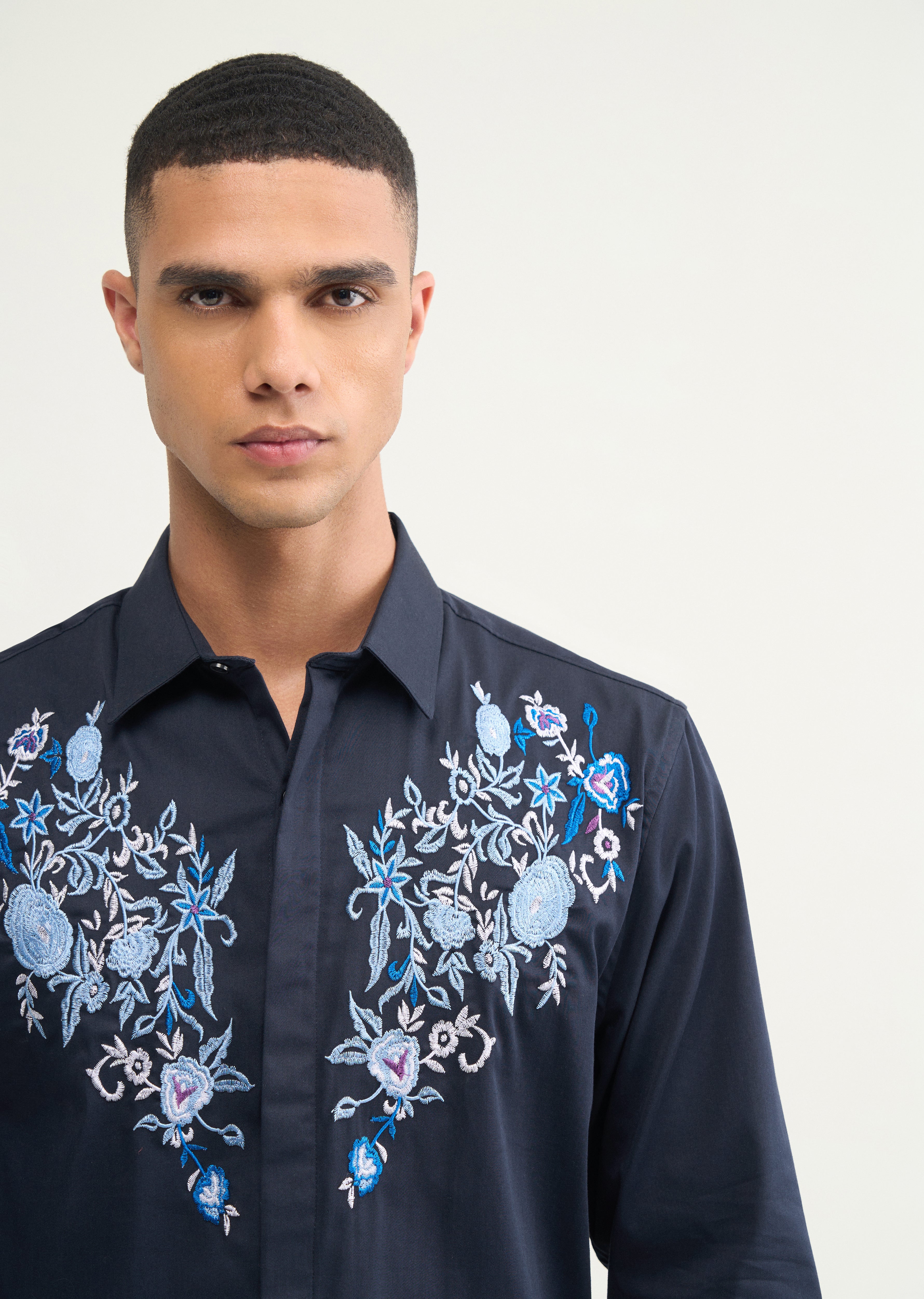Navy Blue Floral Embroidery Designer Shirt