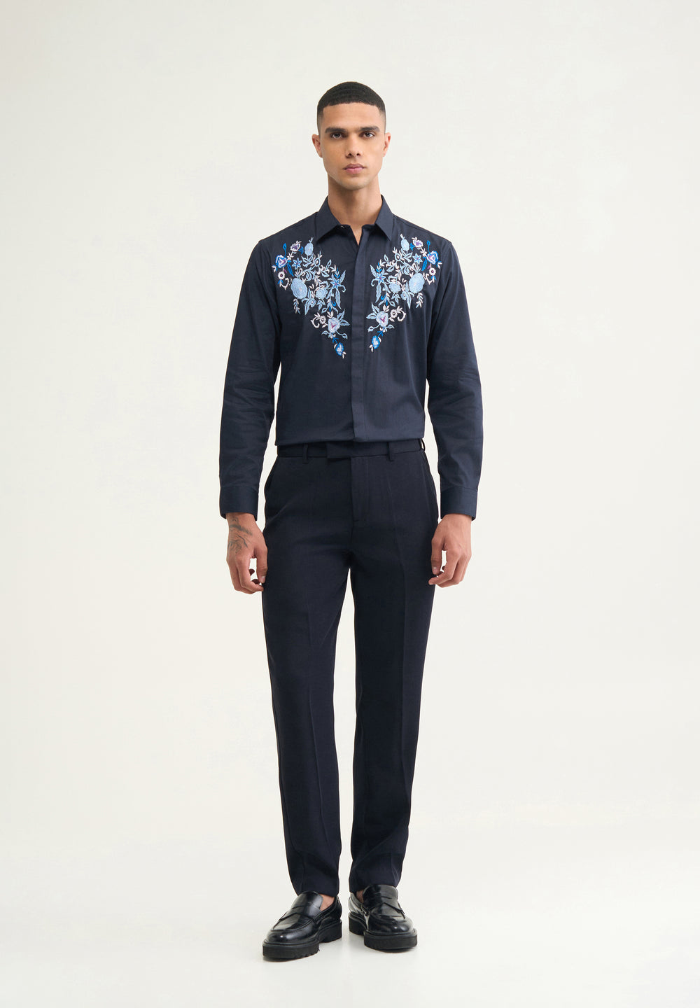 Navy Blue Floral Embroidery Designer Shirt