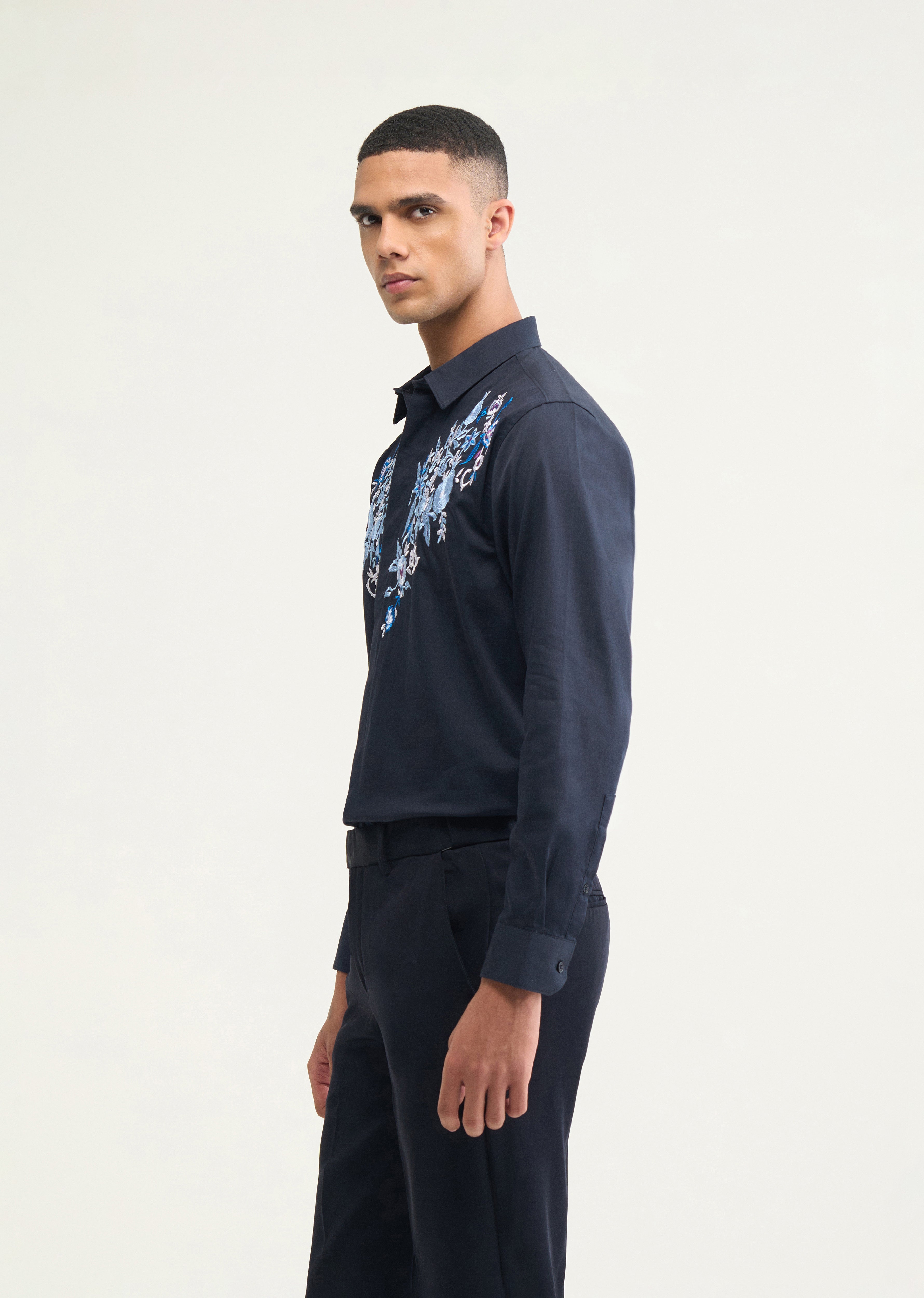 Navy Blue Floral Embroidery Designer Shirt