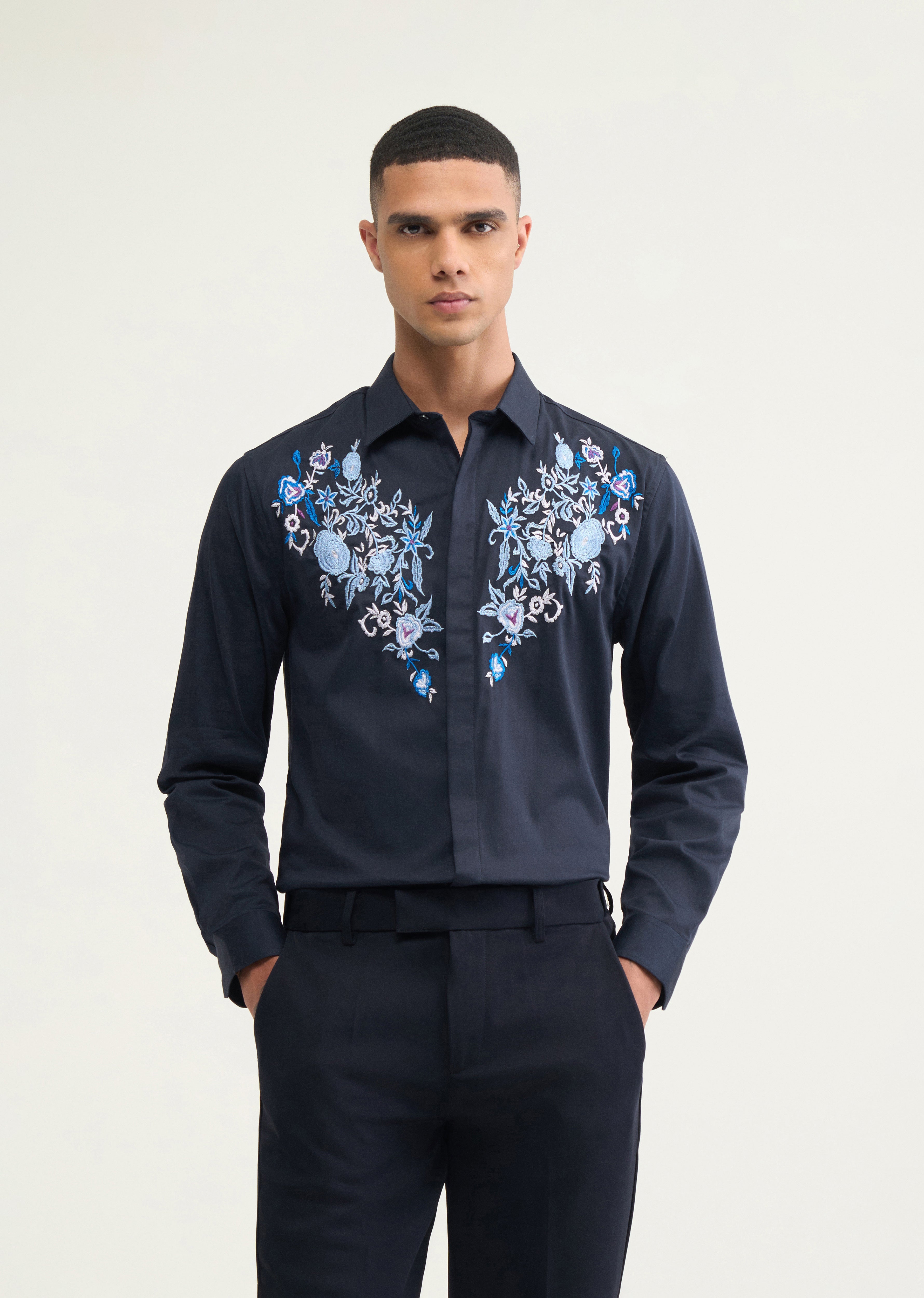 Navy Blue Floral Embroidery Designer Shirt