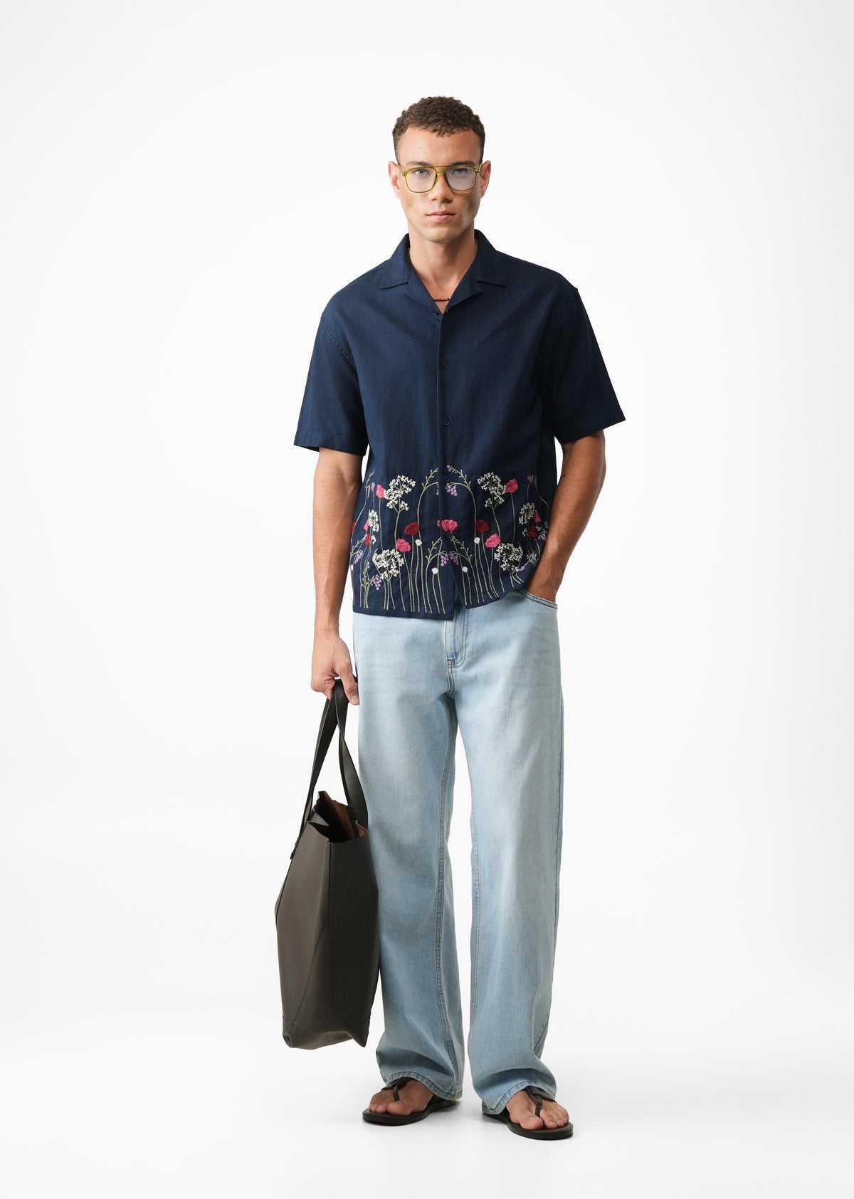Navy Blue Floral Embroidery Linen Shirt
