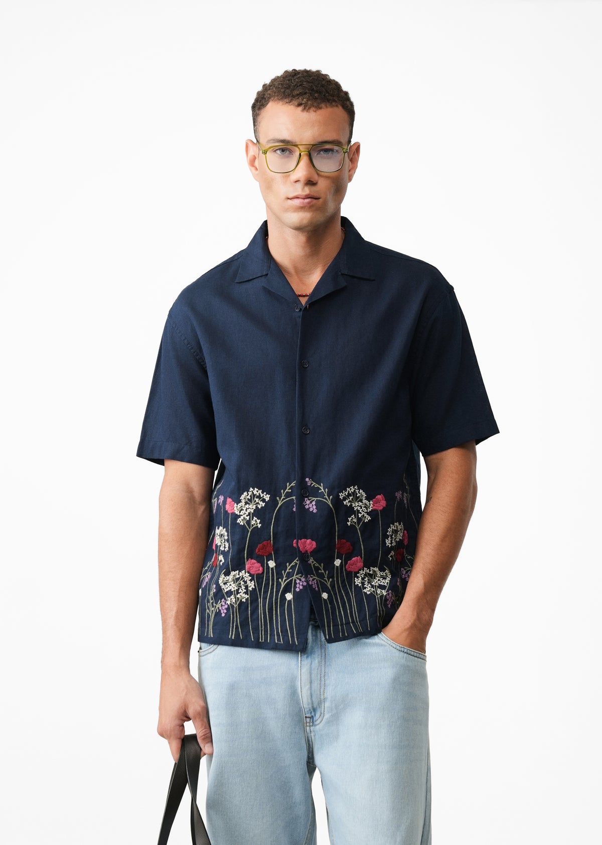 Navy Blue Floral Embroidery Linen Shirt