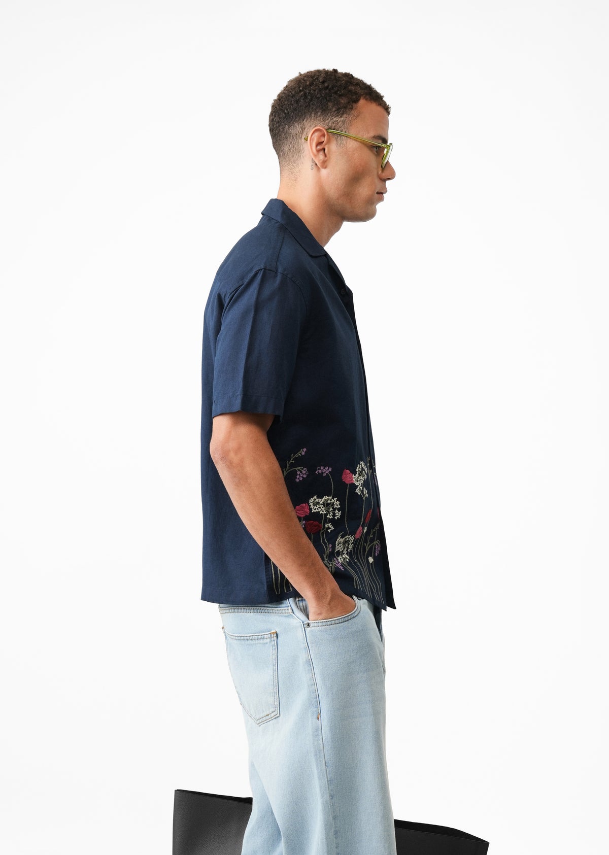 Navy Blue Floral Embroidery Linen Shirt
