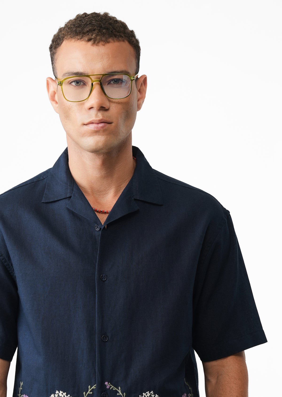 Navy Blue Floral Embroidery Linen Shirt