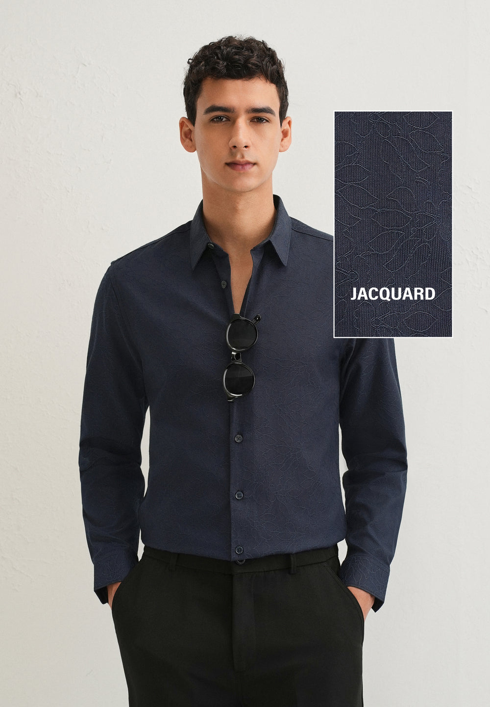 Navy Blue Floral Jacquard Shirt