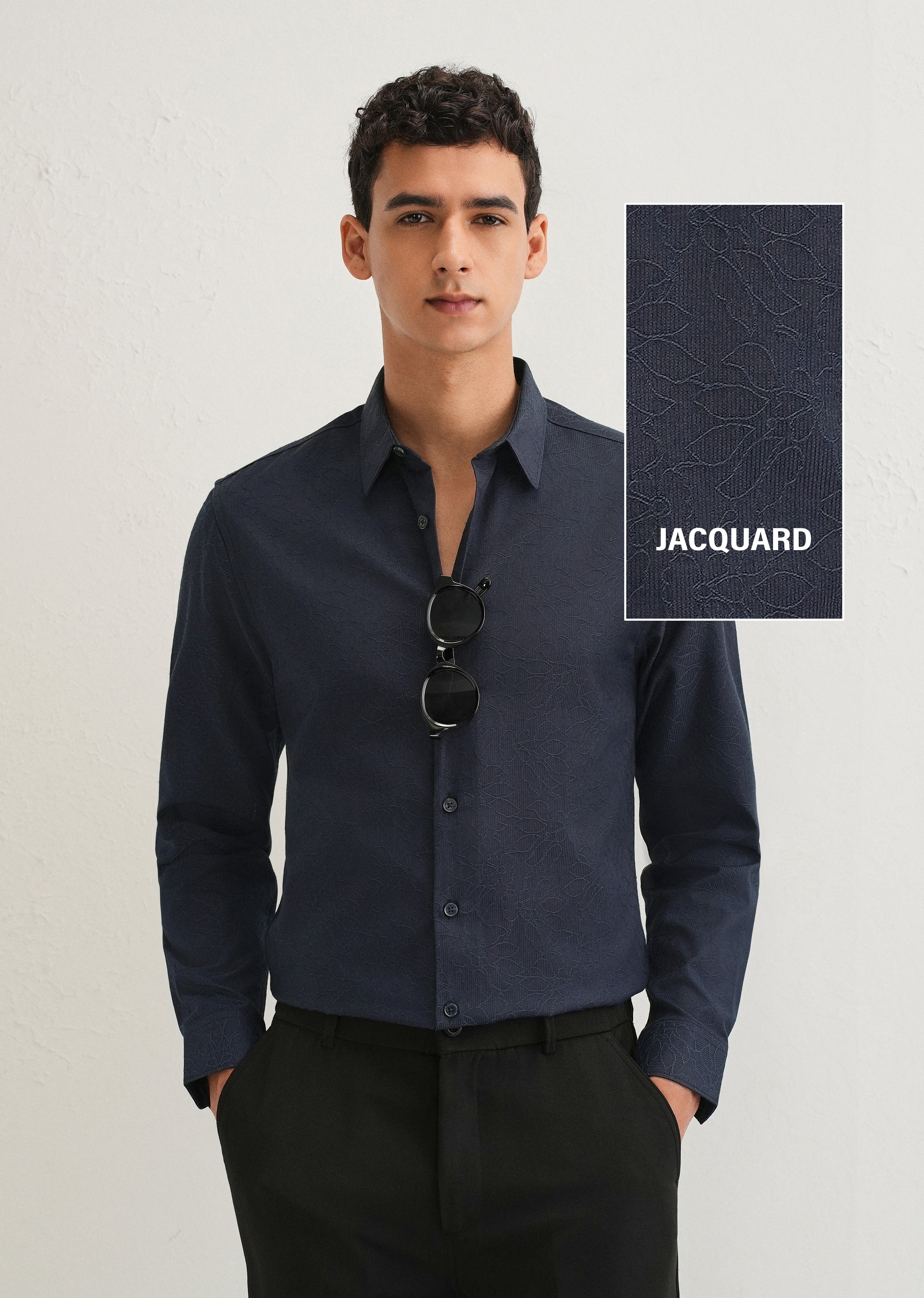 Navy Blue Floral Jacquard Shirt