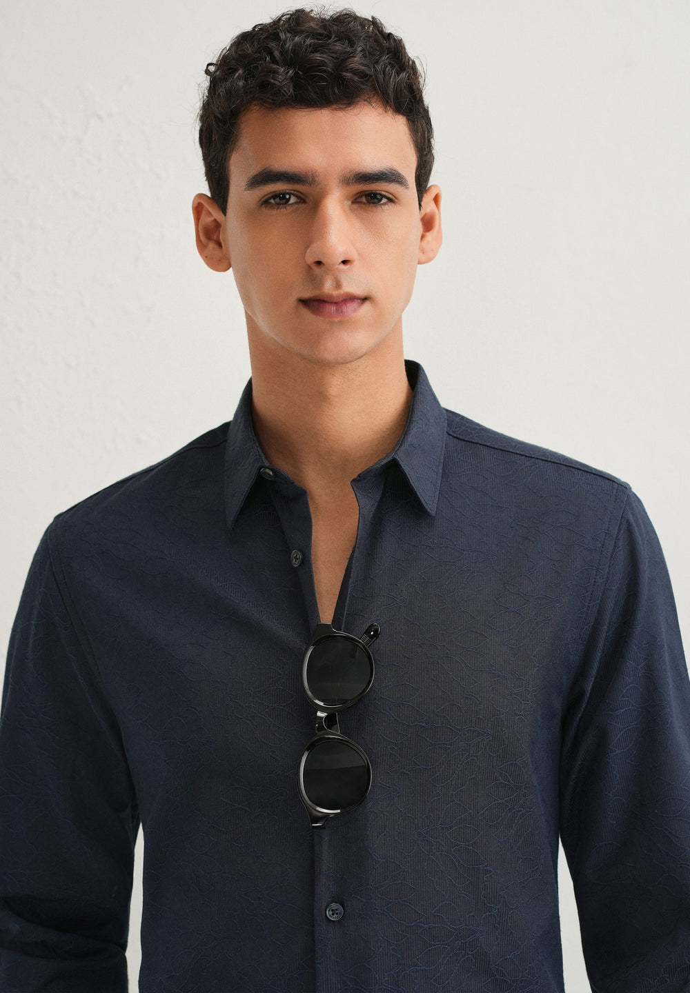 Navy Blue Floral Jacquard Shirt