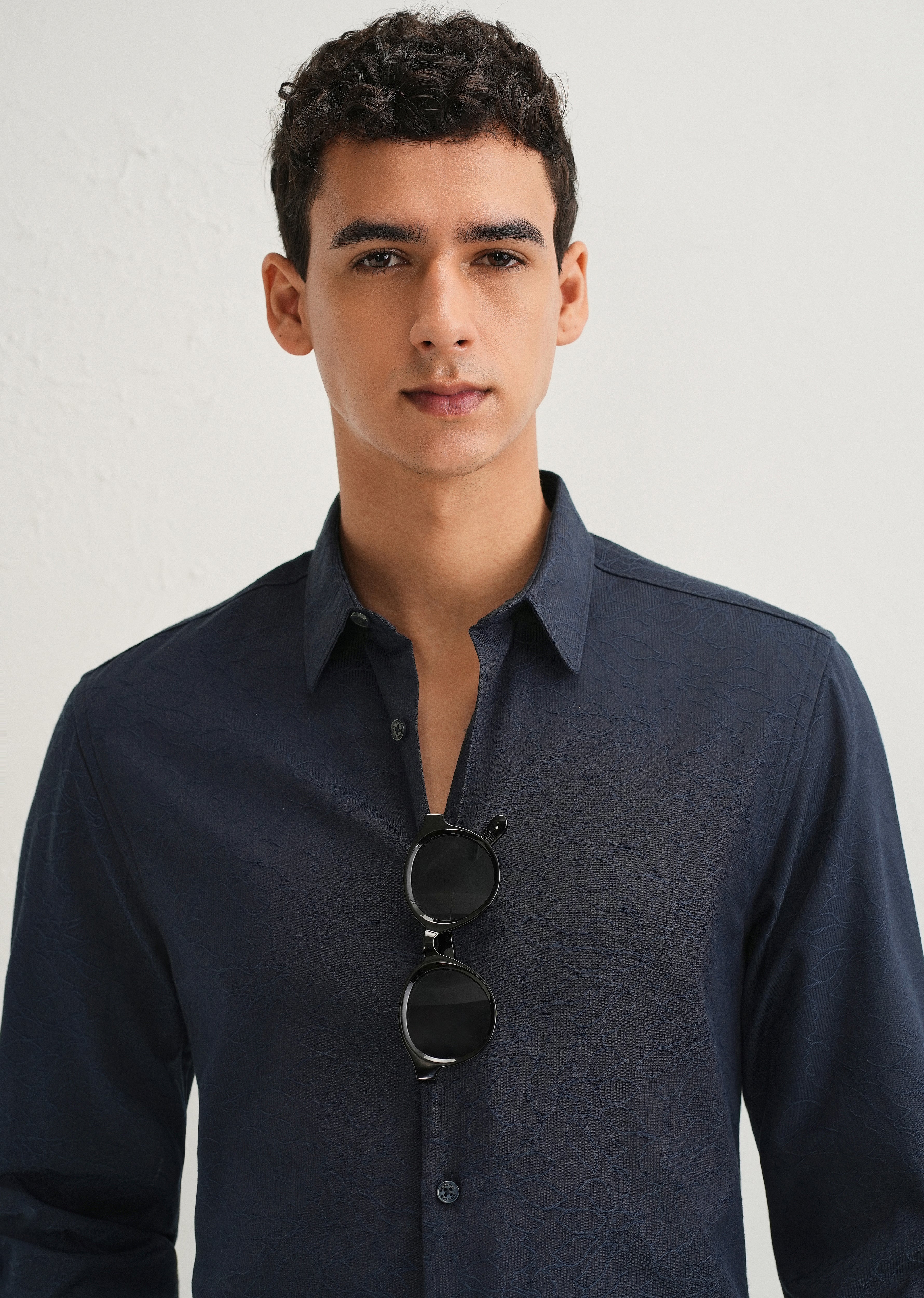 Navy Blue Floral Jacquard Shirt