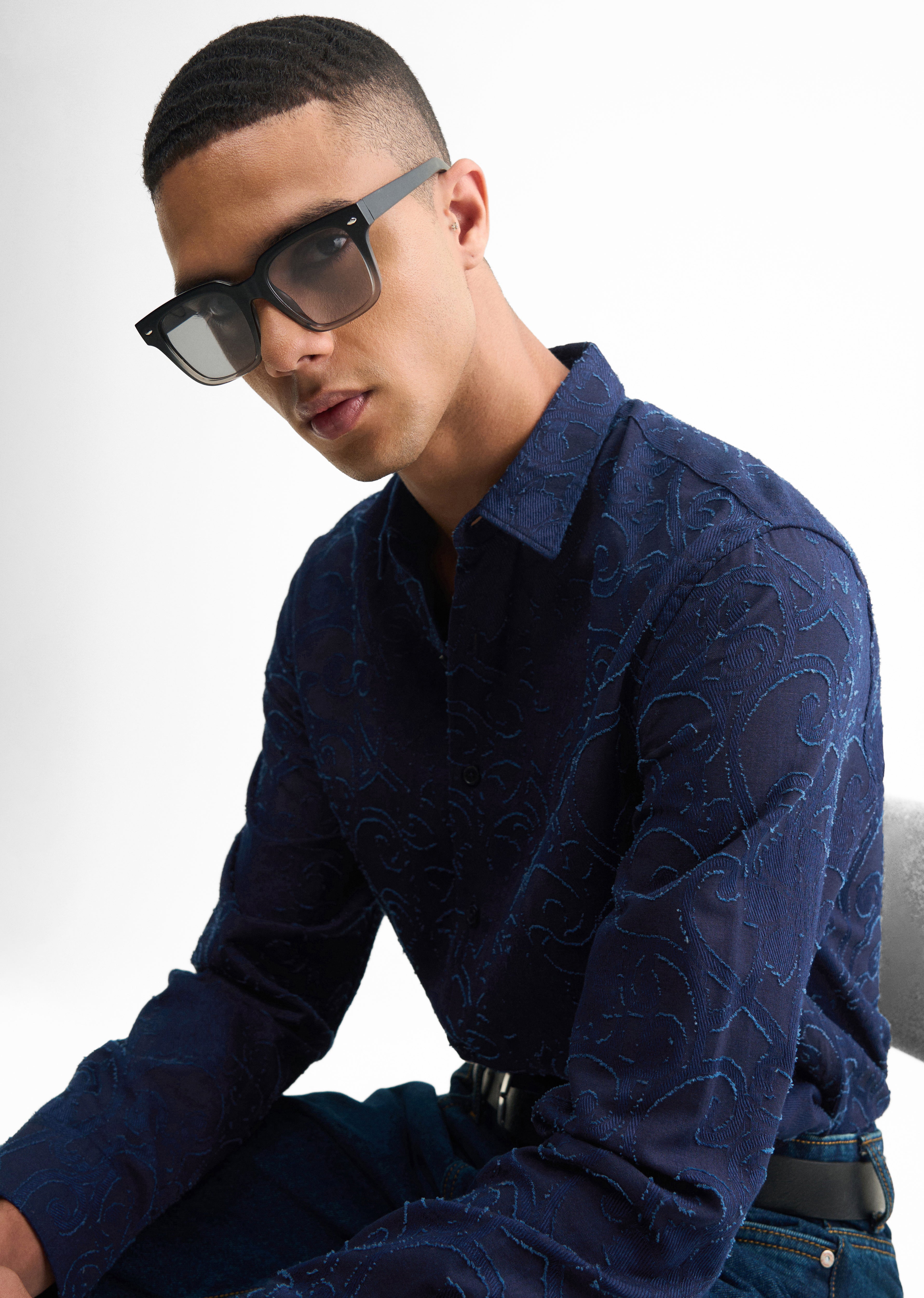 Navy Blue Floral Jacquard Shirt