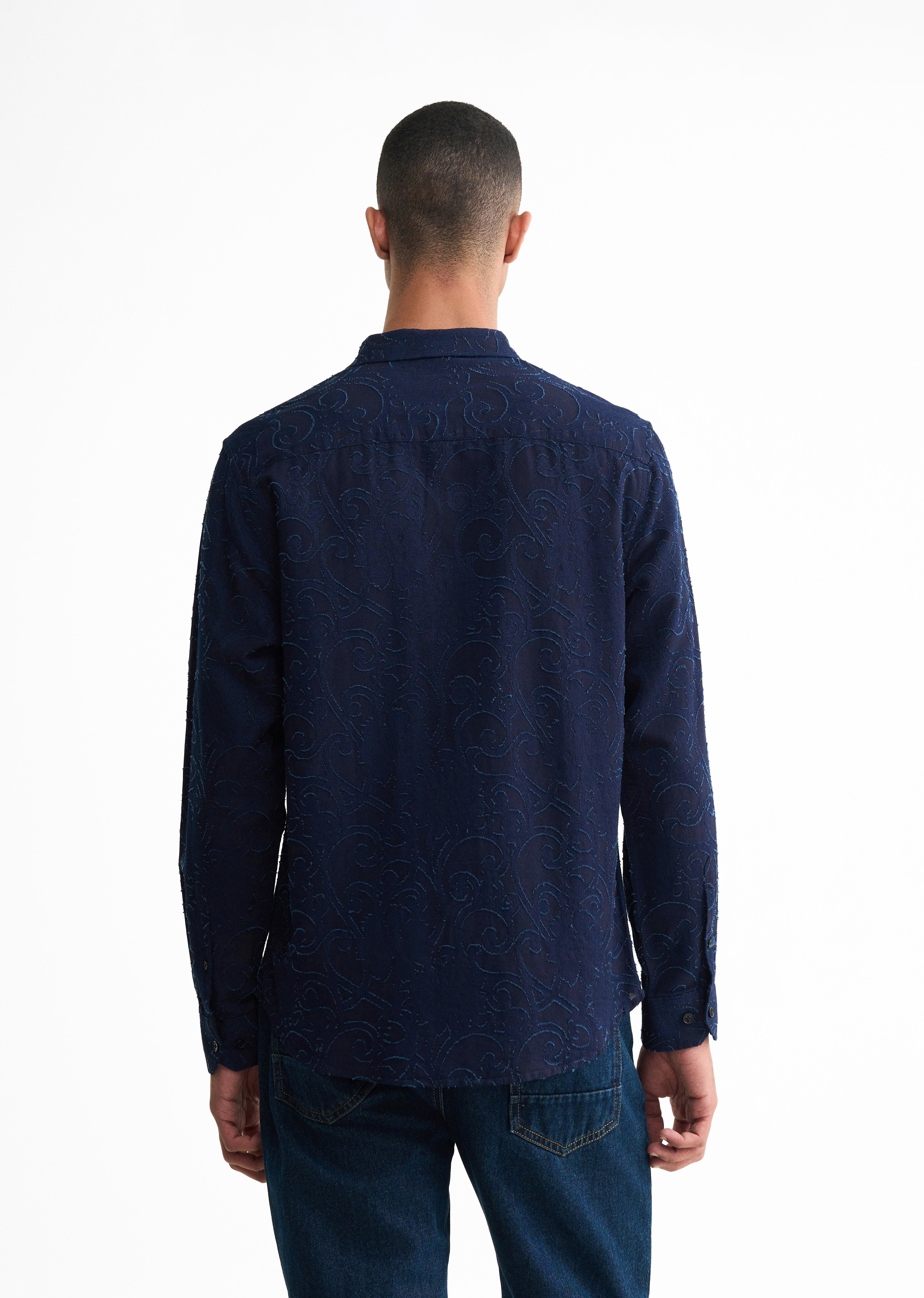 Navy Blue Floral Jacquard Shirt