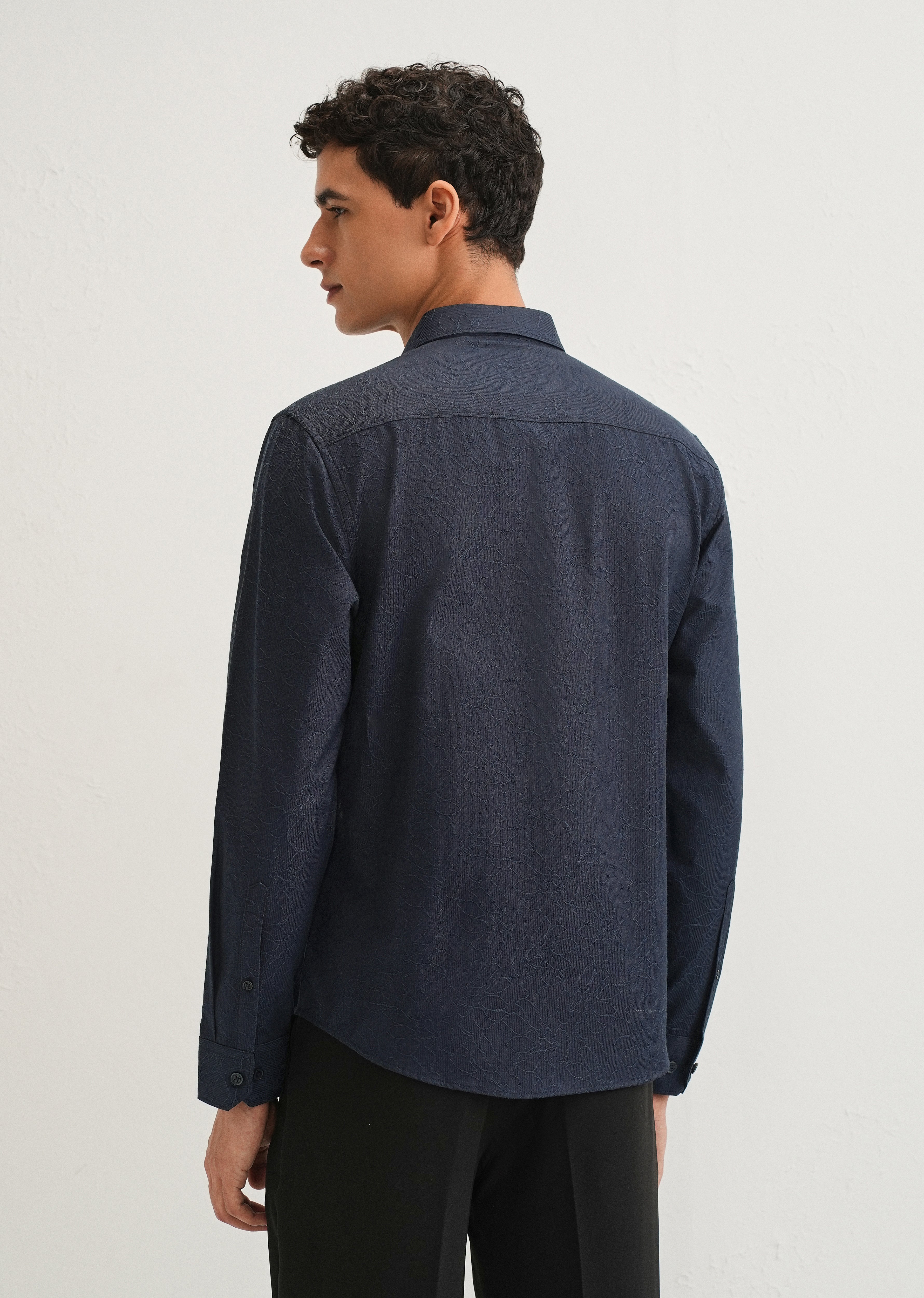 Navy Blue Floral Jacquard Shirt